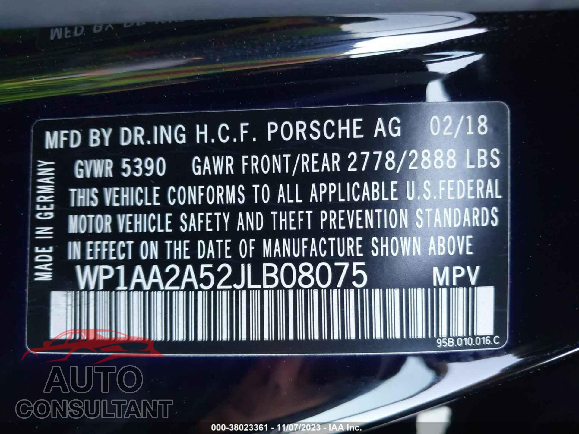 PORSCHE MACAN 2018 - WP1AA2A52JLB08075