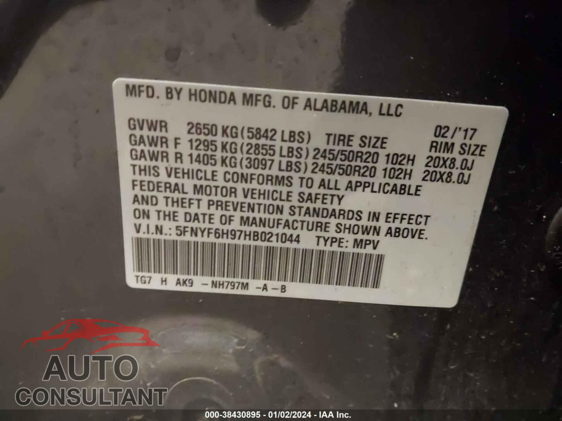 HONDA PILOT 2017 - 5FNYF6H97HB021044