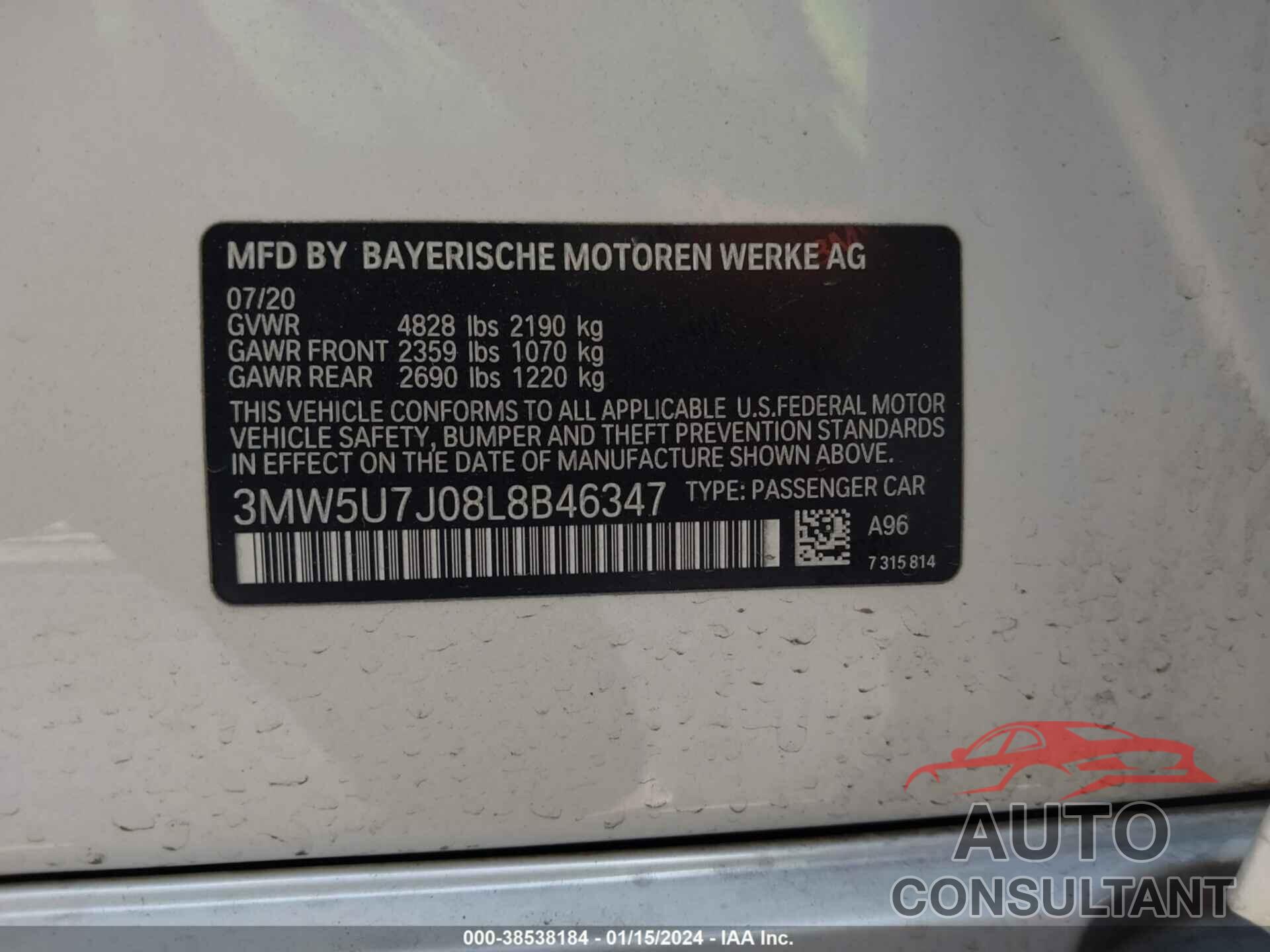 BMW 3 SERIES 2020 - 3MW5U7J08L8B46347