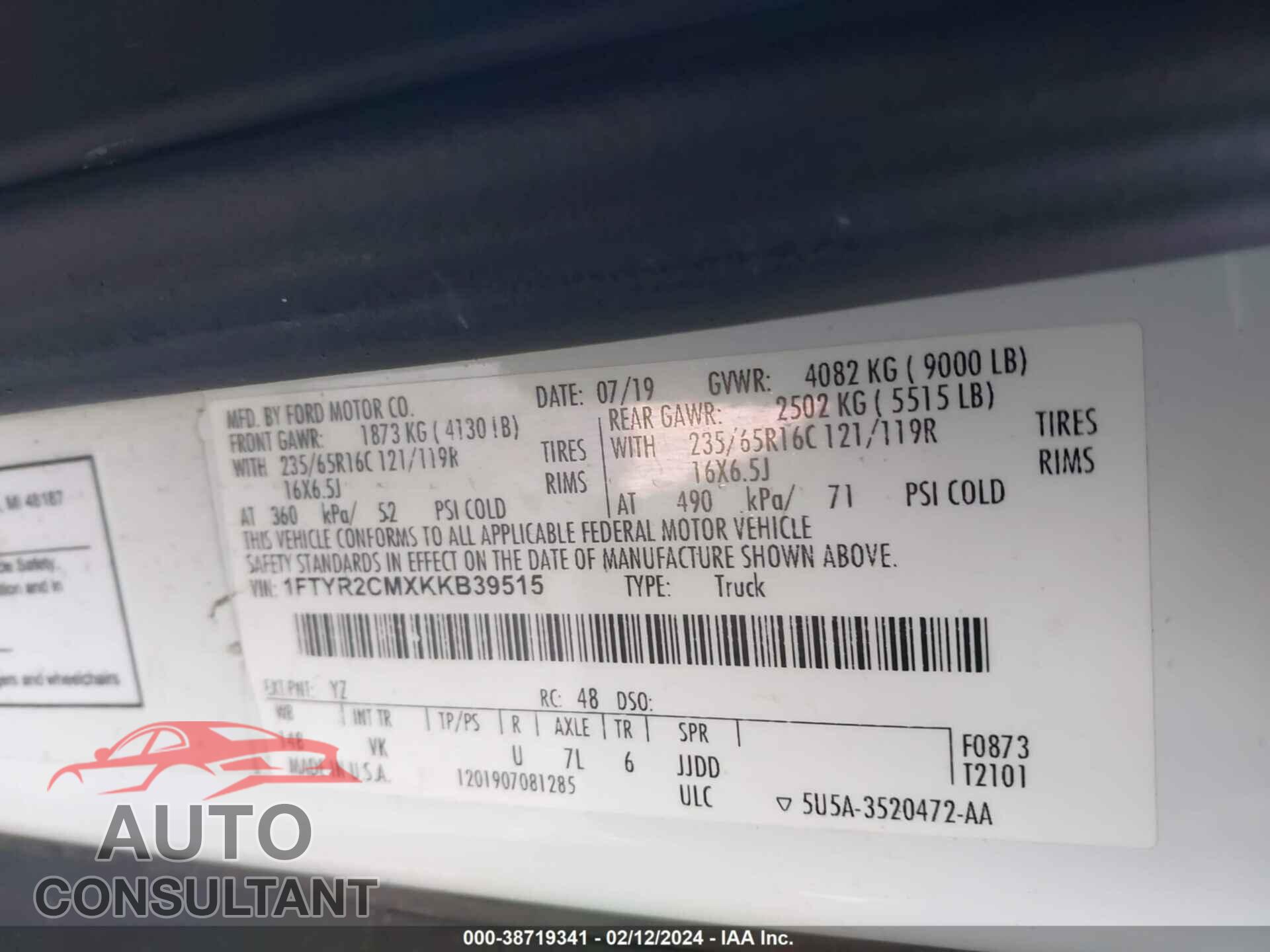 FORD TRANSIT 2019 - 1FTYR2CMXKKB39515