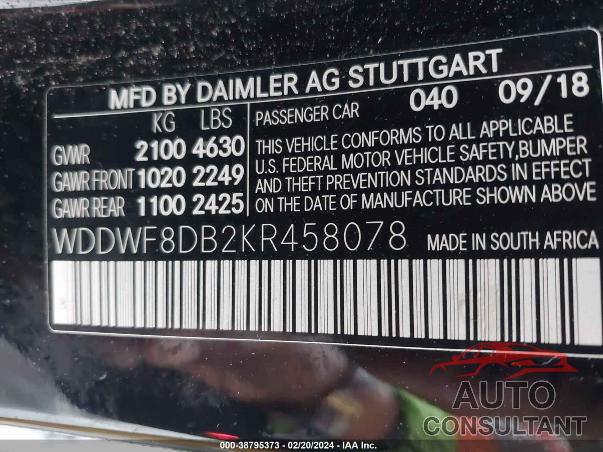 MERCEDES-BENZ C 2019 - WDDWF8DB2KR458078