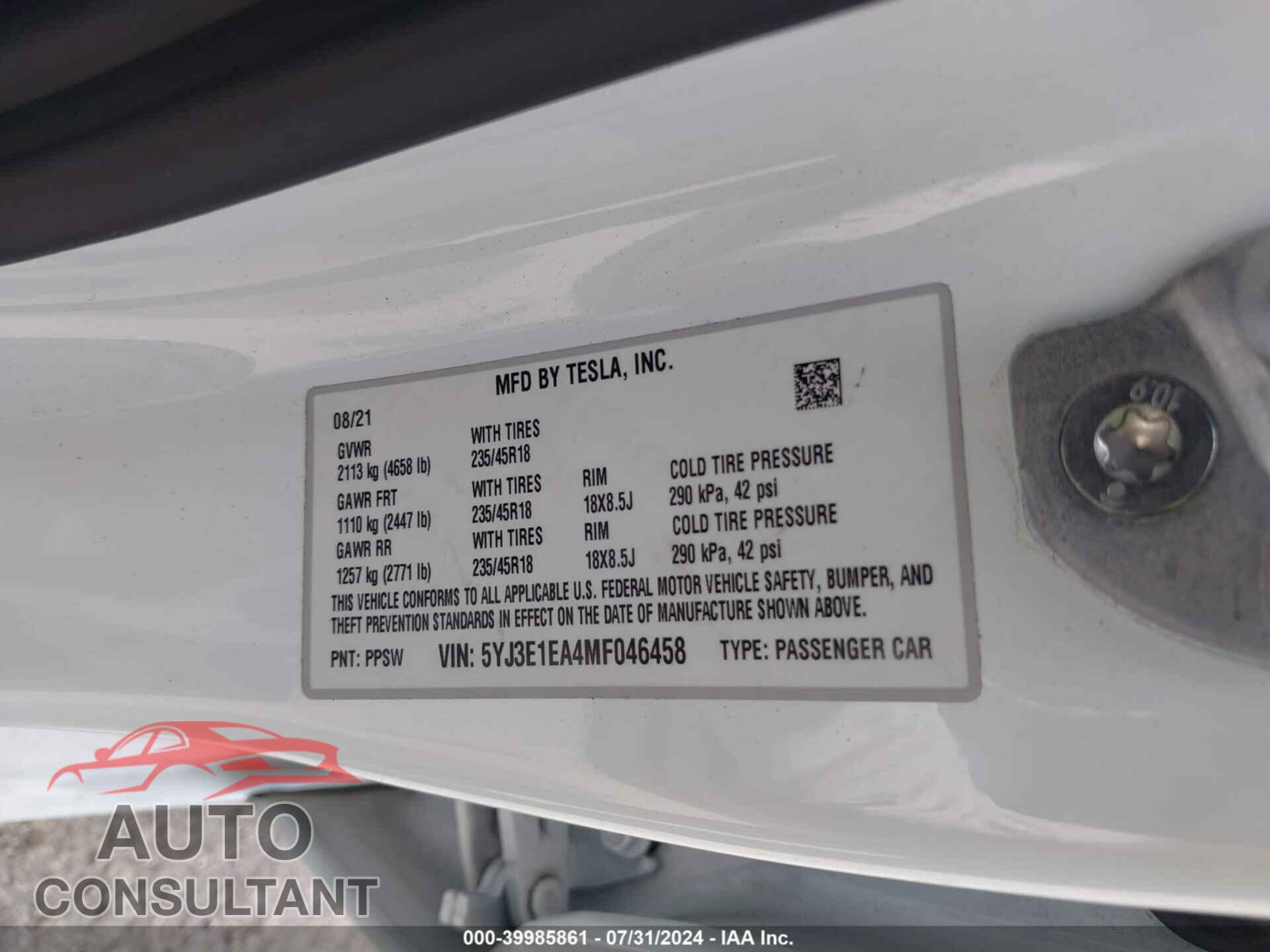 TESLA MODEL 3 2021 - 5YJ3E1EA4MF046458