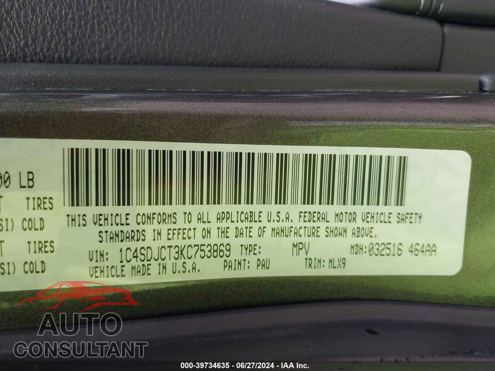 DODGE DURANGO 2019 - 1C4SDJCT3KC753869
