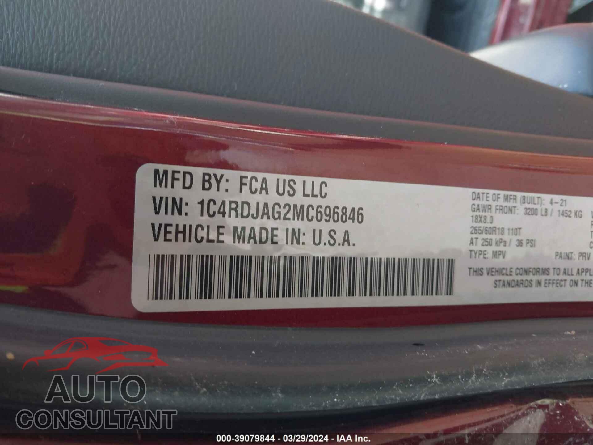 DODGE DURANGO 2021 - 1C4RDJAG2MC696846