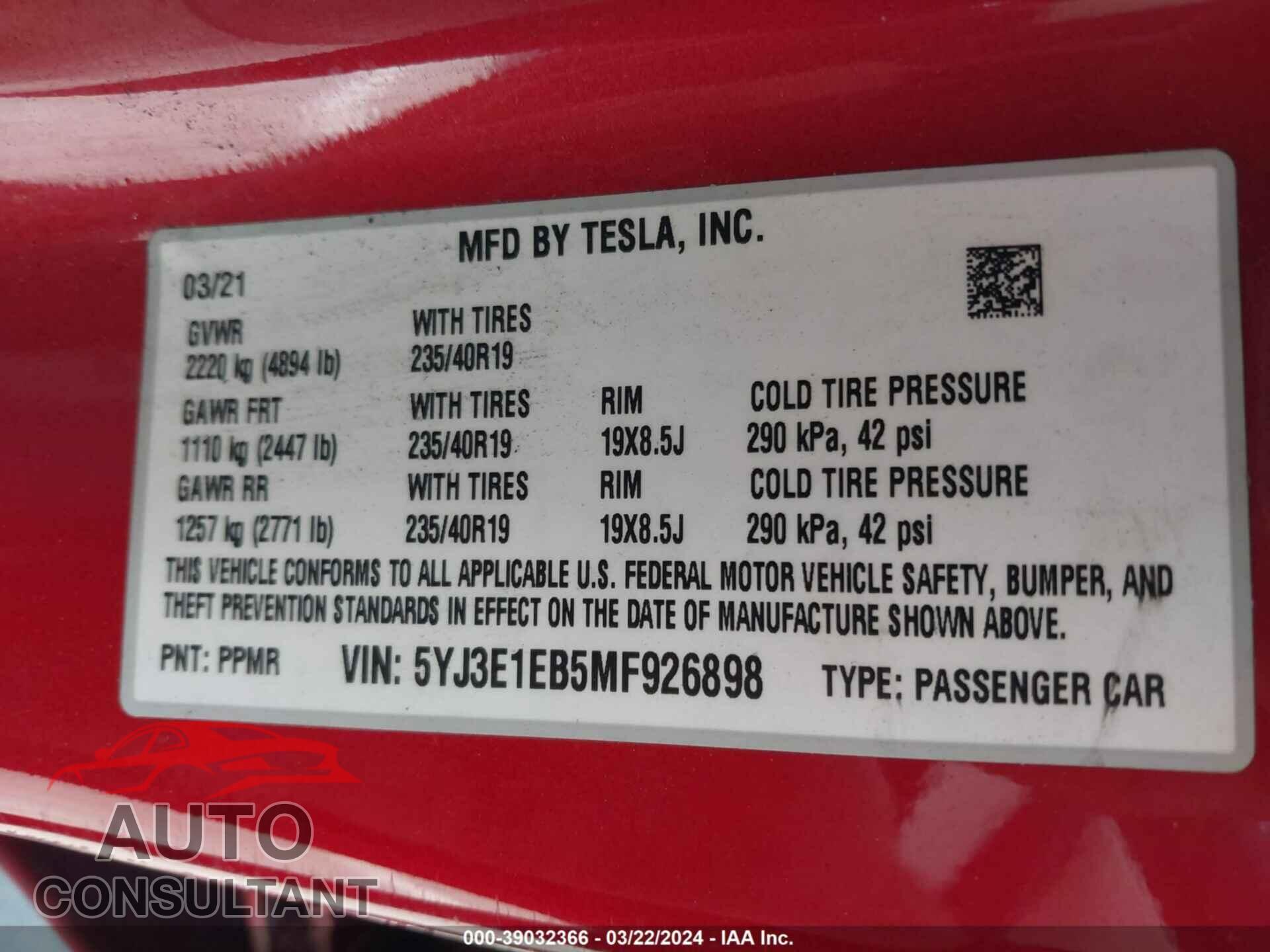 TESLA MODEL 3 2021 - 5YJ3E1EB5MF926898