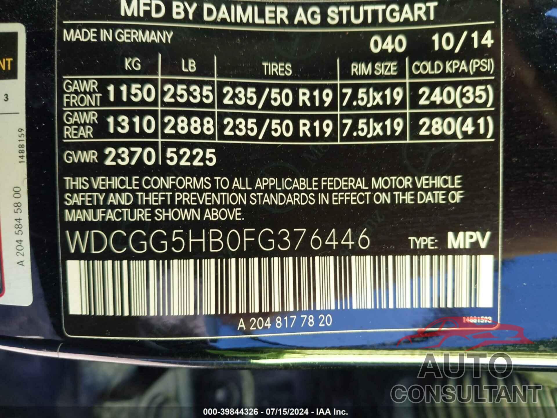 MERCEDES-BENZ GLK 350 2015 - WDCGG5HB0FG376446