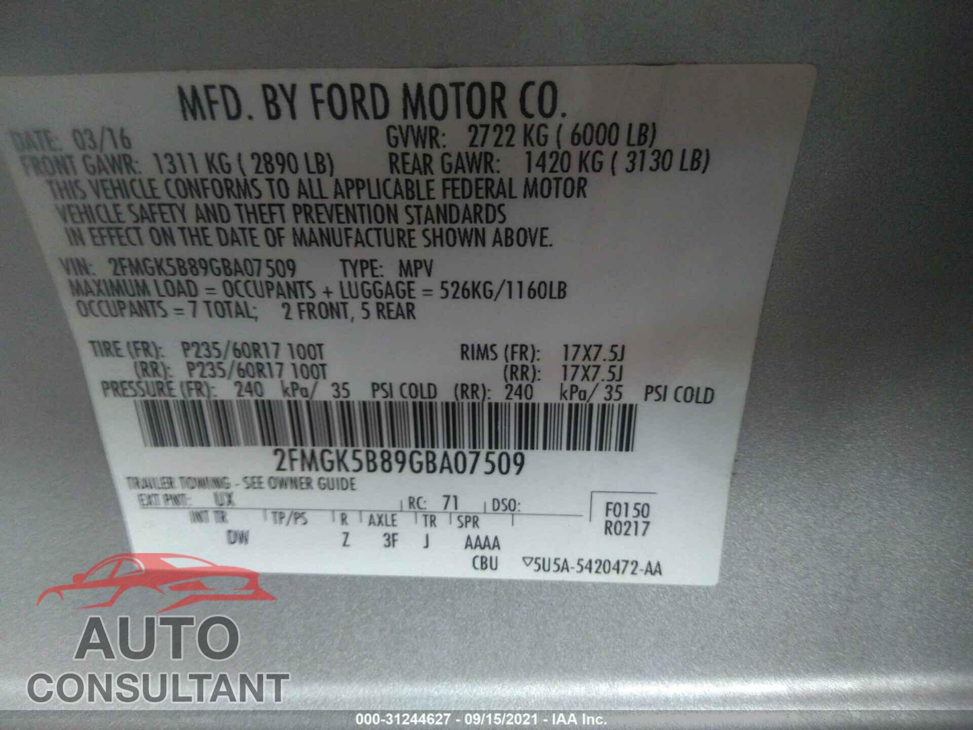 FORD FLEX 2016 - 2FMGK5B89GBA07509