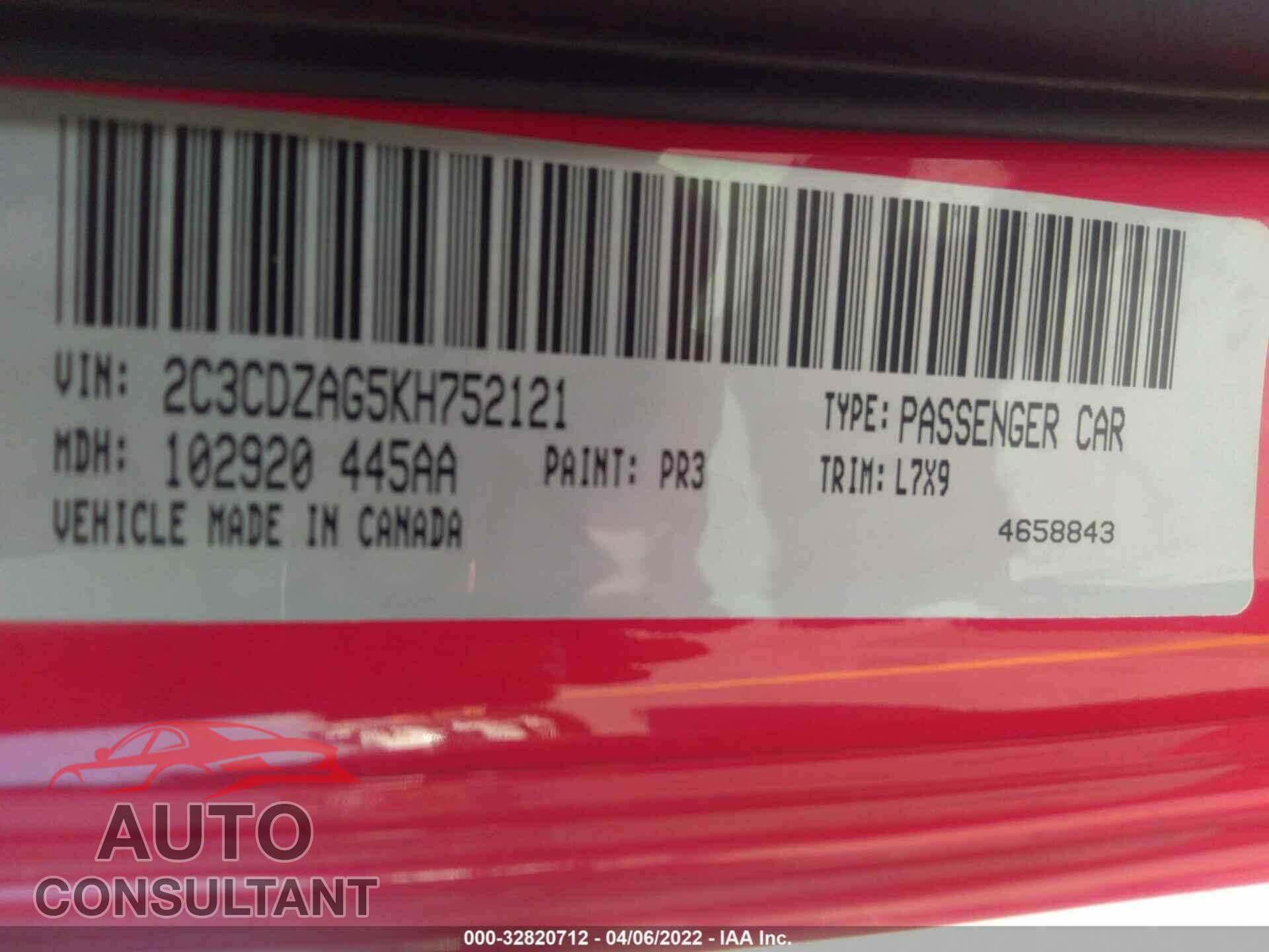 DODGE CHALLENGER 2019 - 2C3CDZAG5KH752121