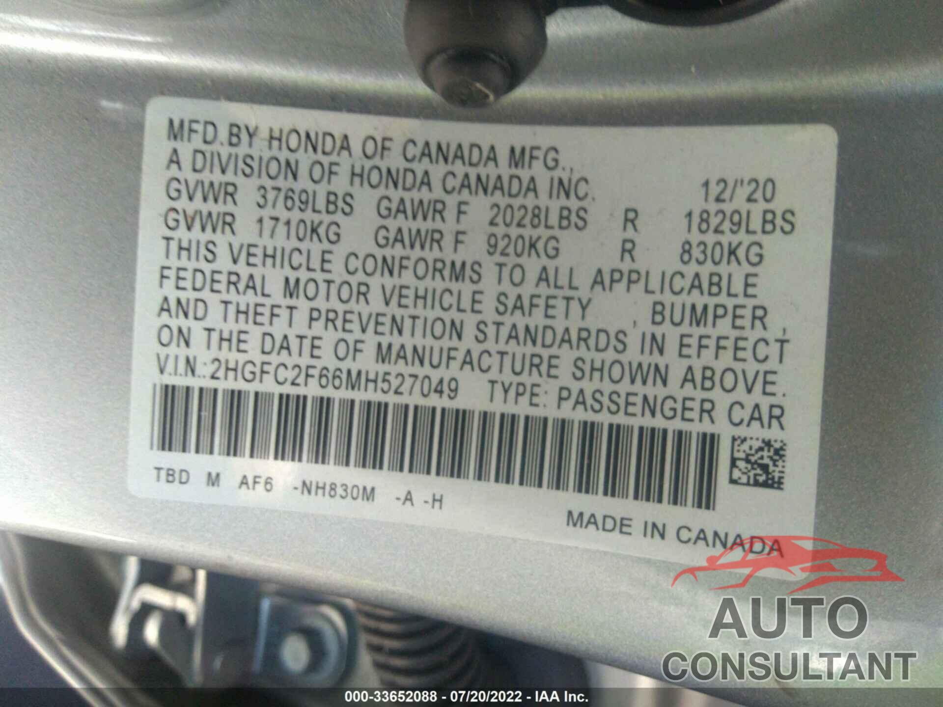 HONDA CIVIC SEDAN 2021 - 2HGFC2F66MH527049