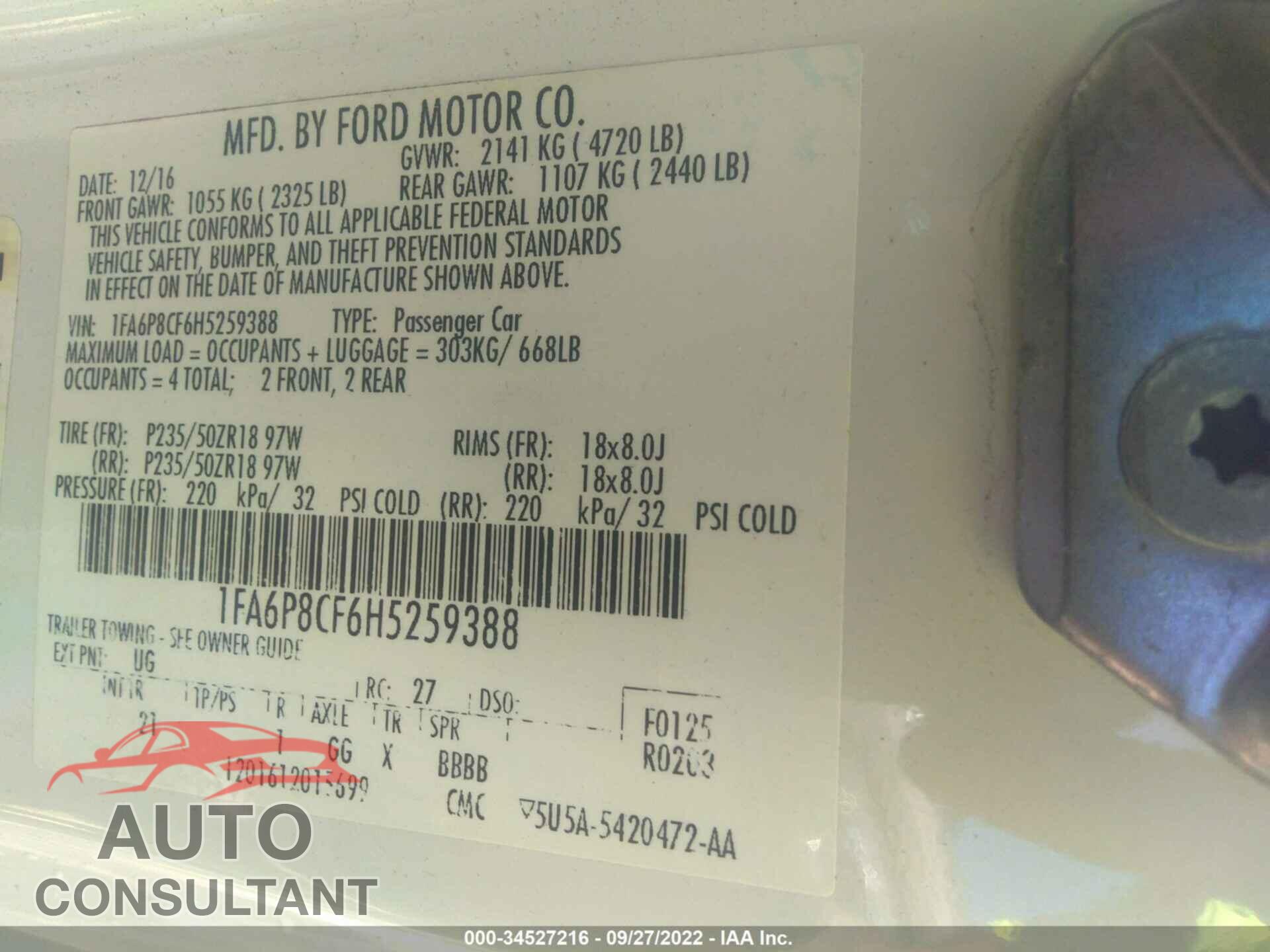 FORD MUSTANG 2017 - 1FA6P8CF6H5259388