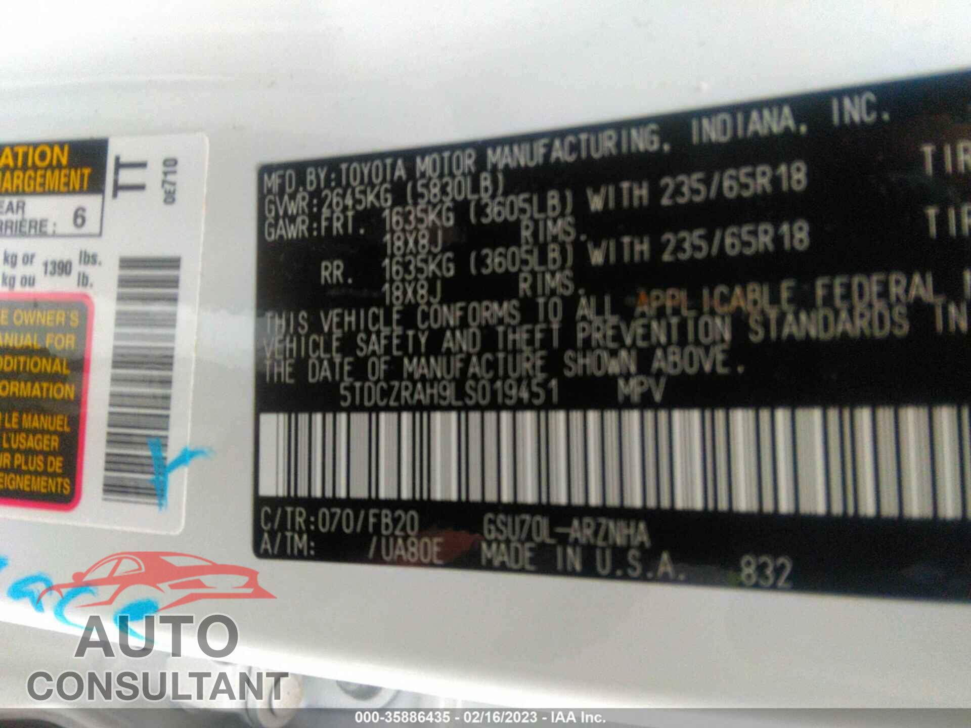 TOYOTA HIGHLANDER 2020 - 5TDCZRAH9LS019451