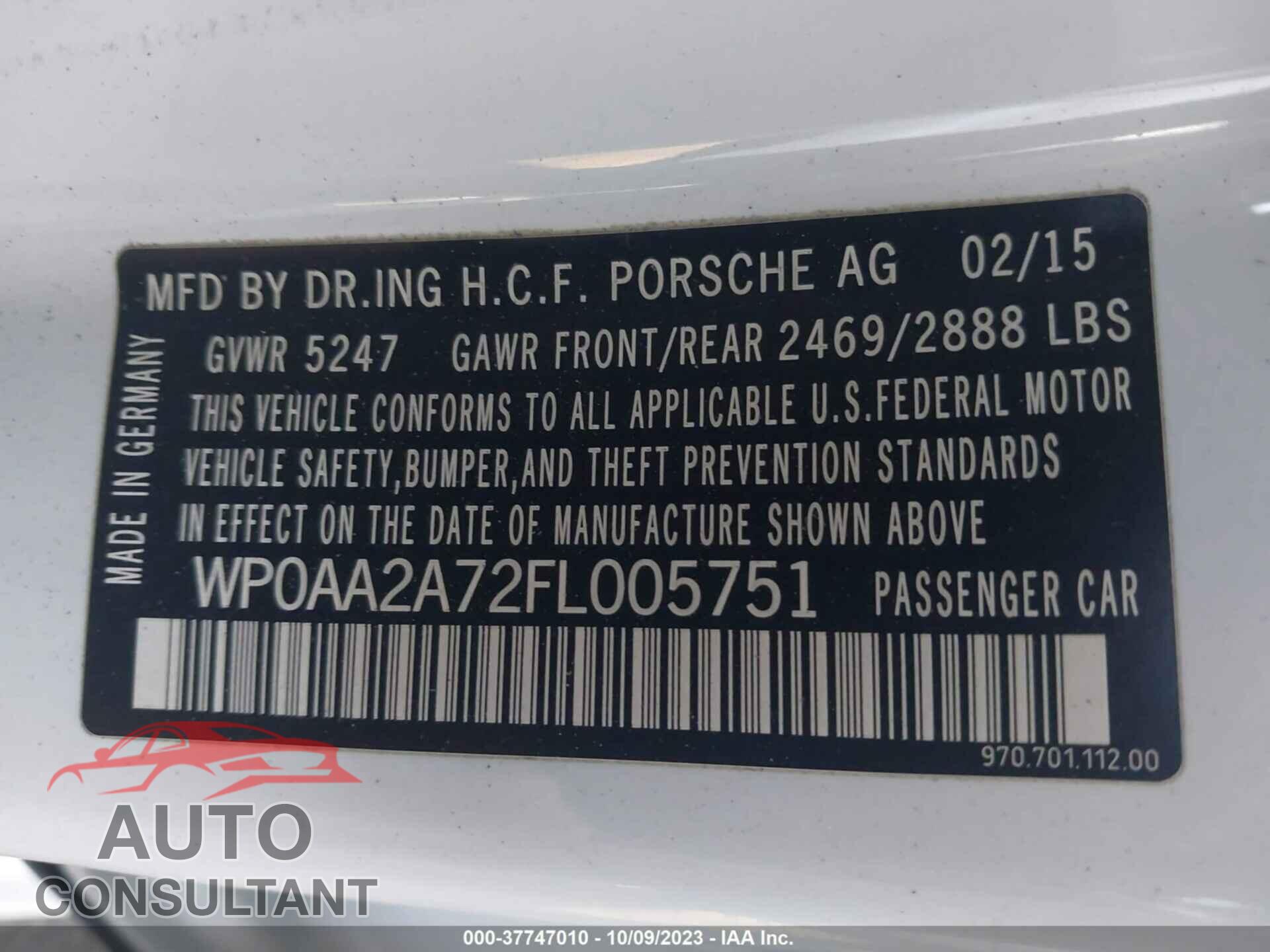 PORSCHE PANAMERA 2015 - WP0AA2A72FL005751