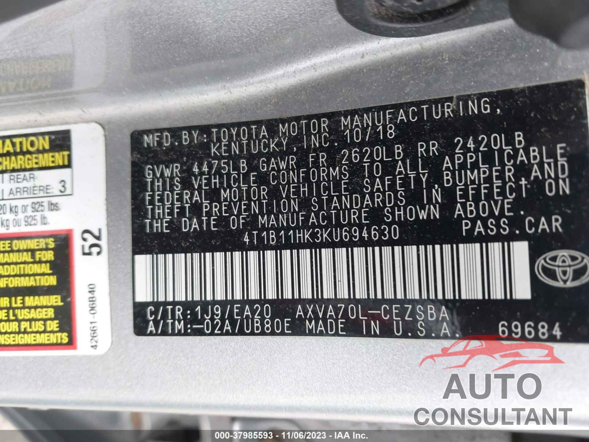 TOYOTA CAMRY 2019 - 4T1B11HK3KU694630