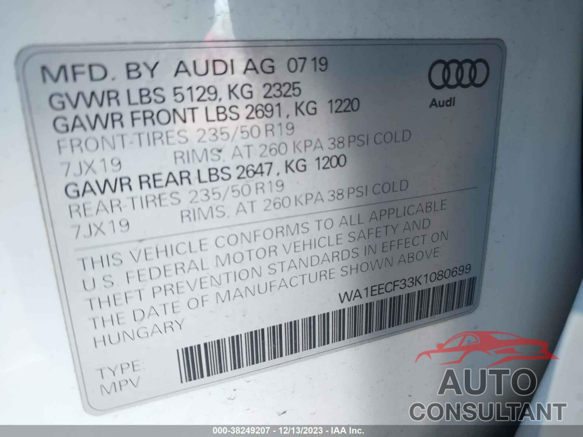 AUDI Q3 2019 - WA1EECF33K1080699