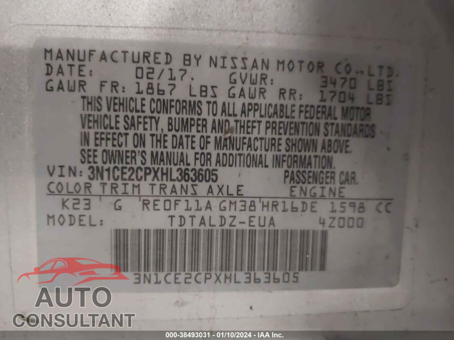NISSAN VERSA NOTE 2017 - 3N1CE2CPXHL363605