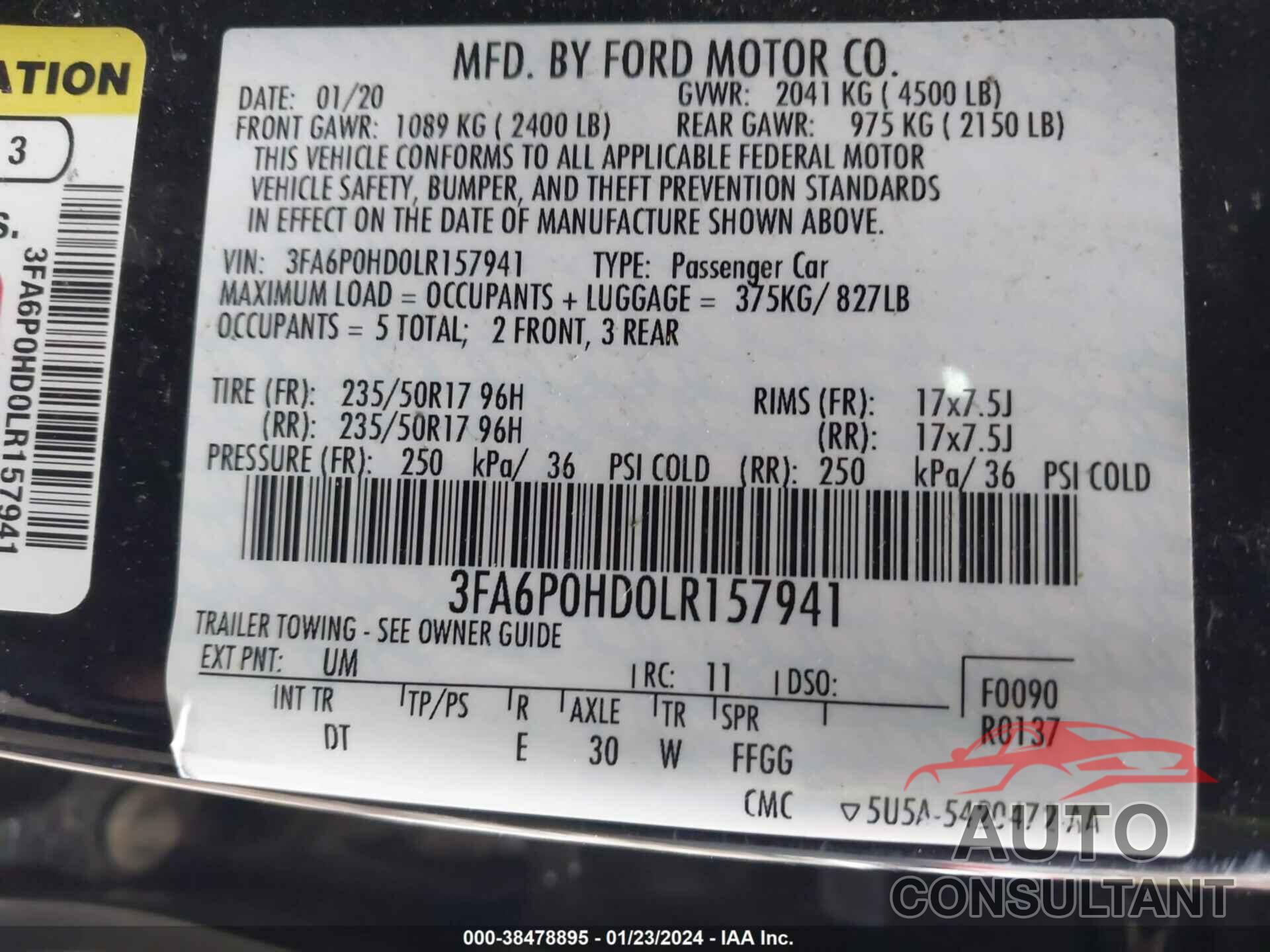 FORD FUSION 2020 - 3FA6P0HD0LR157941