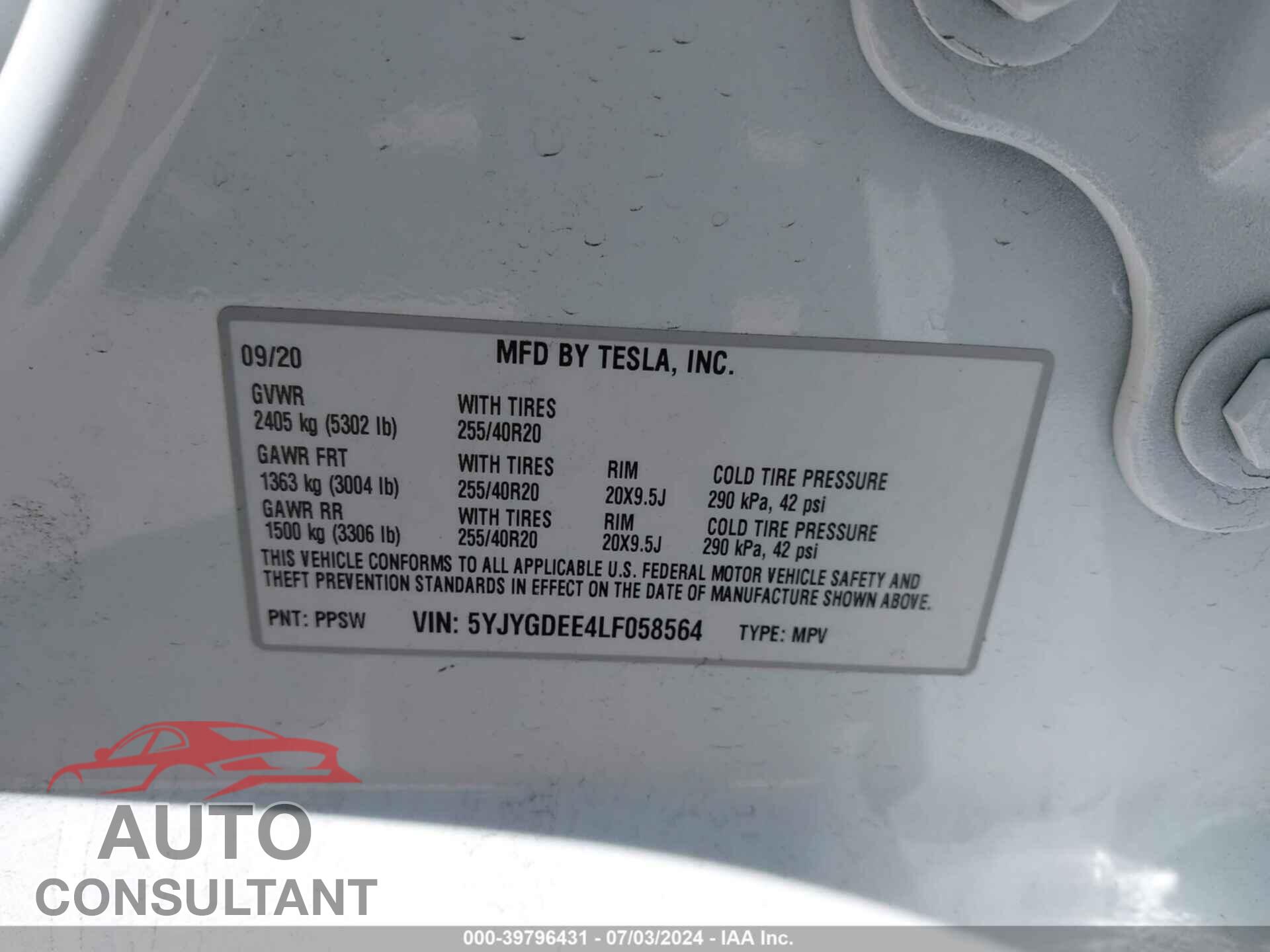 TESLA MODEL Y 2020 - 5YJYGDEE4LF058564
