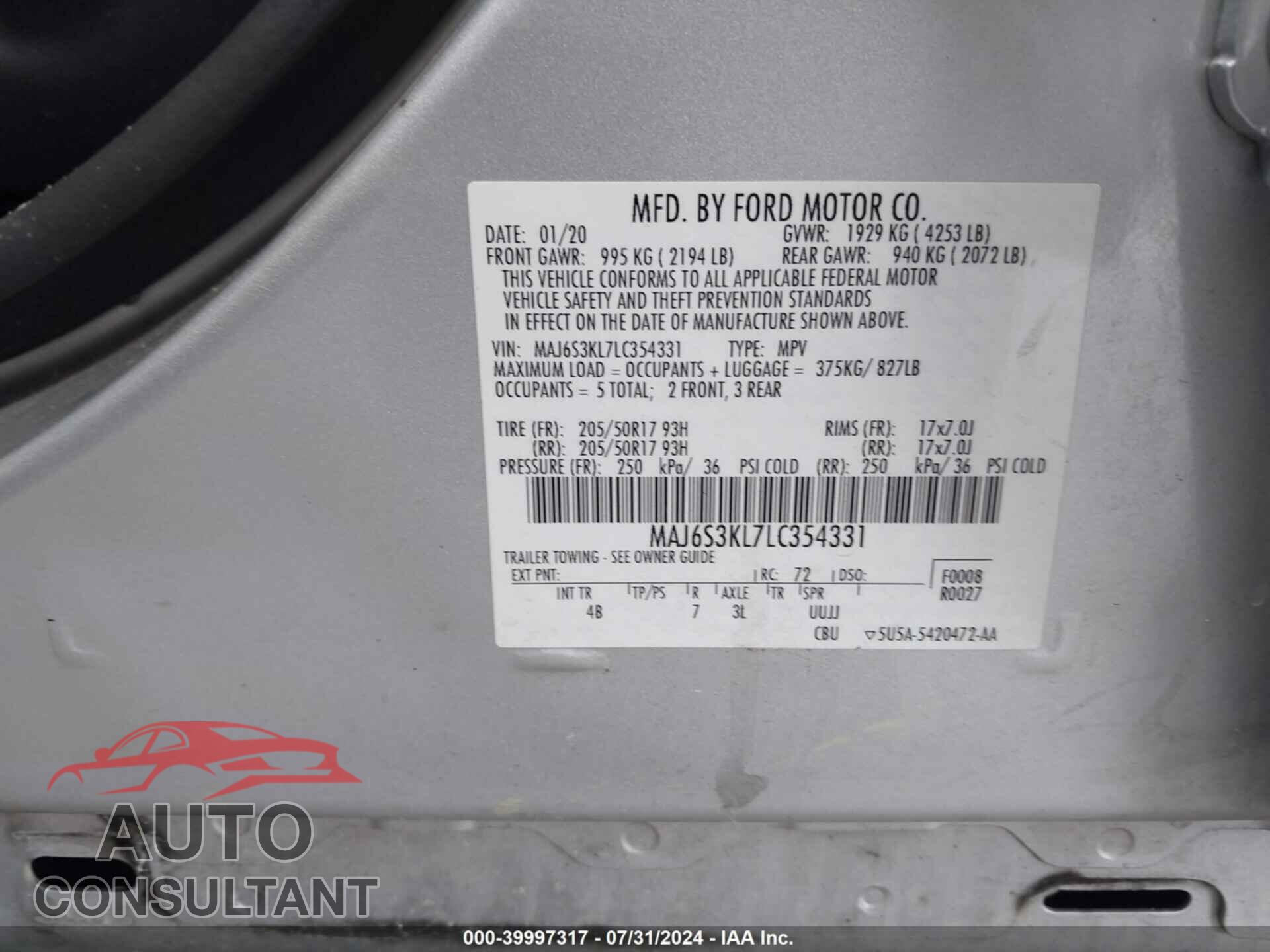 FORD ECOSPORT 2020 - MAJ6S3KL7LC354331