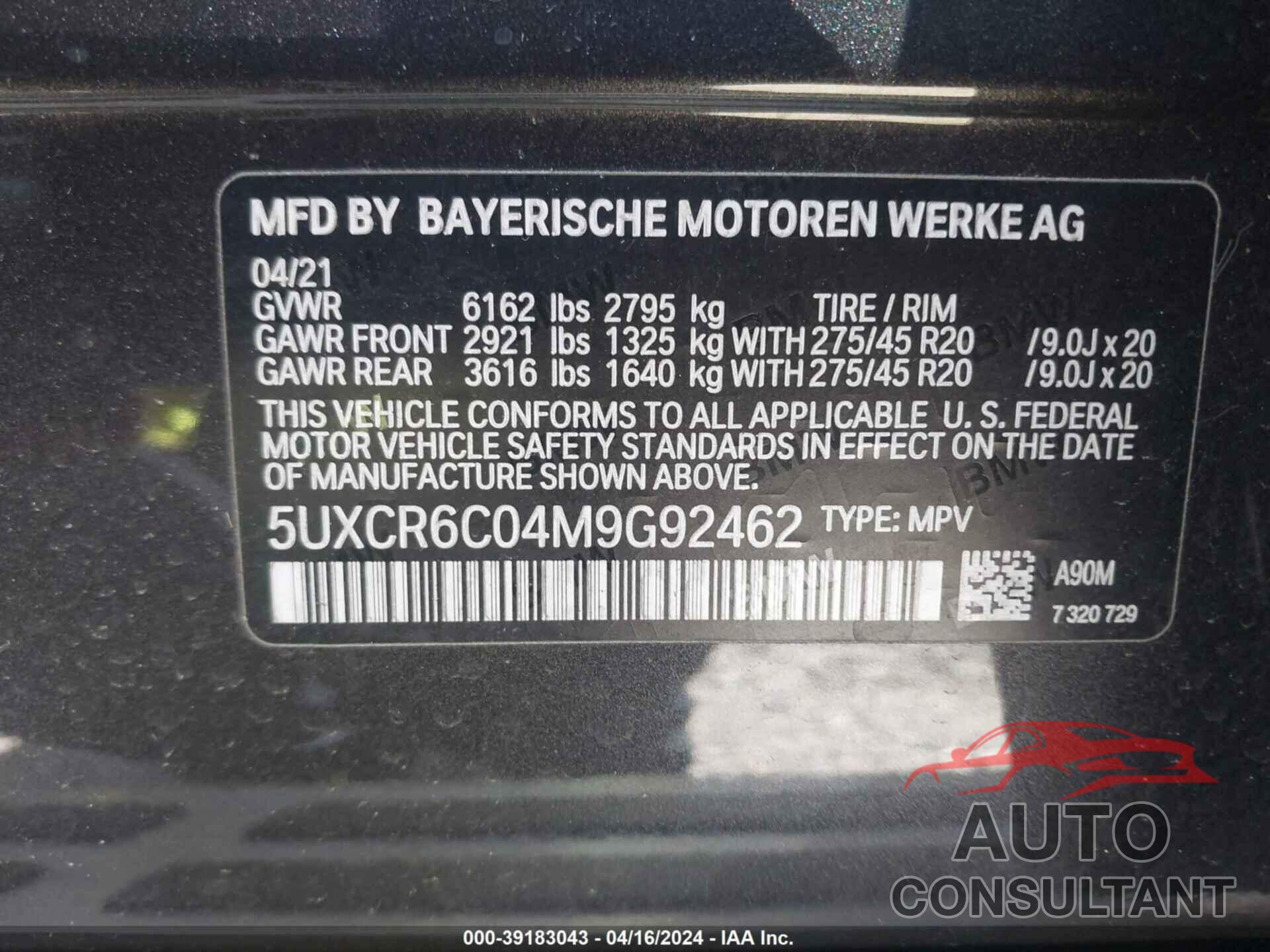 BMW X5 2021 - 5UXCR6C04M9G92462