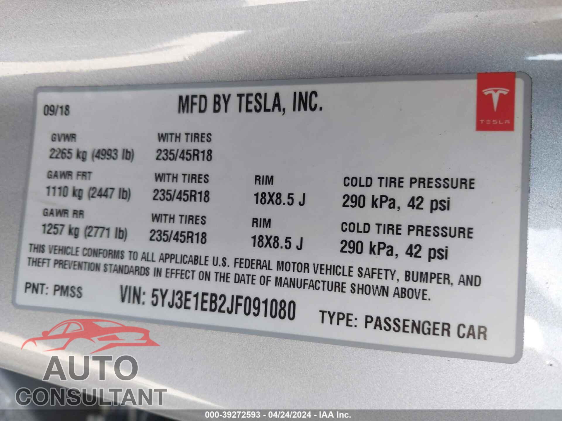 TESLA MODEL 3 2018 - 5YJ3E1EB2JF091080