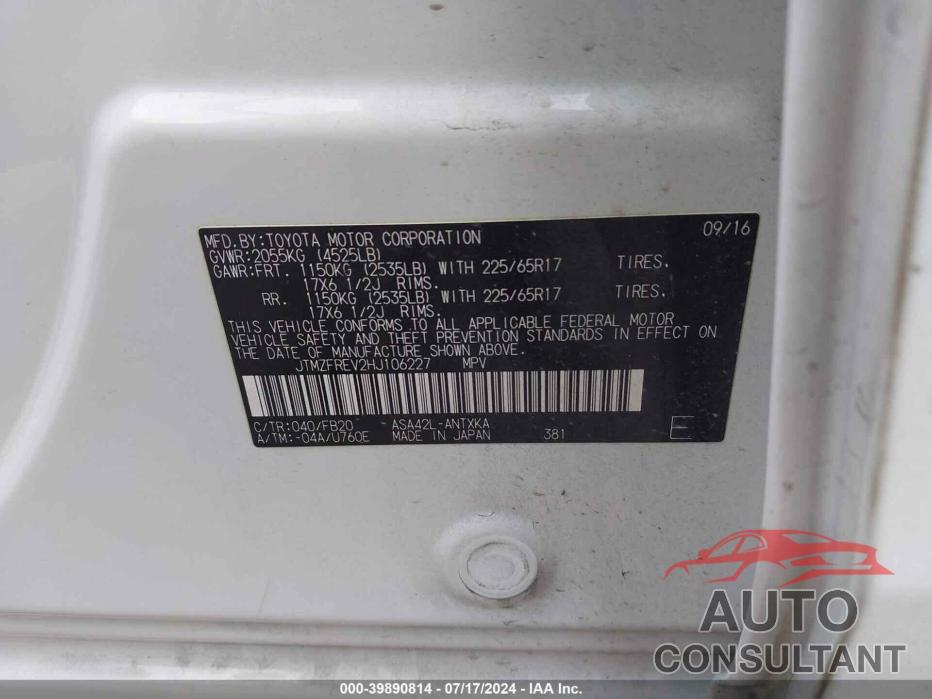 TOYOTA RAV4 2017 - JTMZFREV2HJ106227