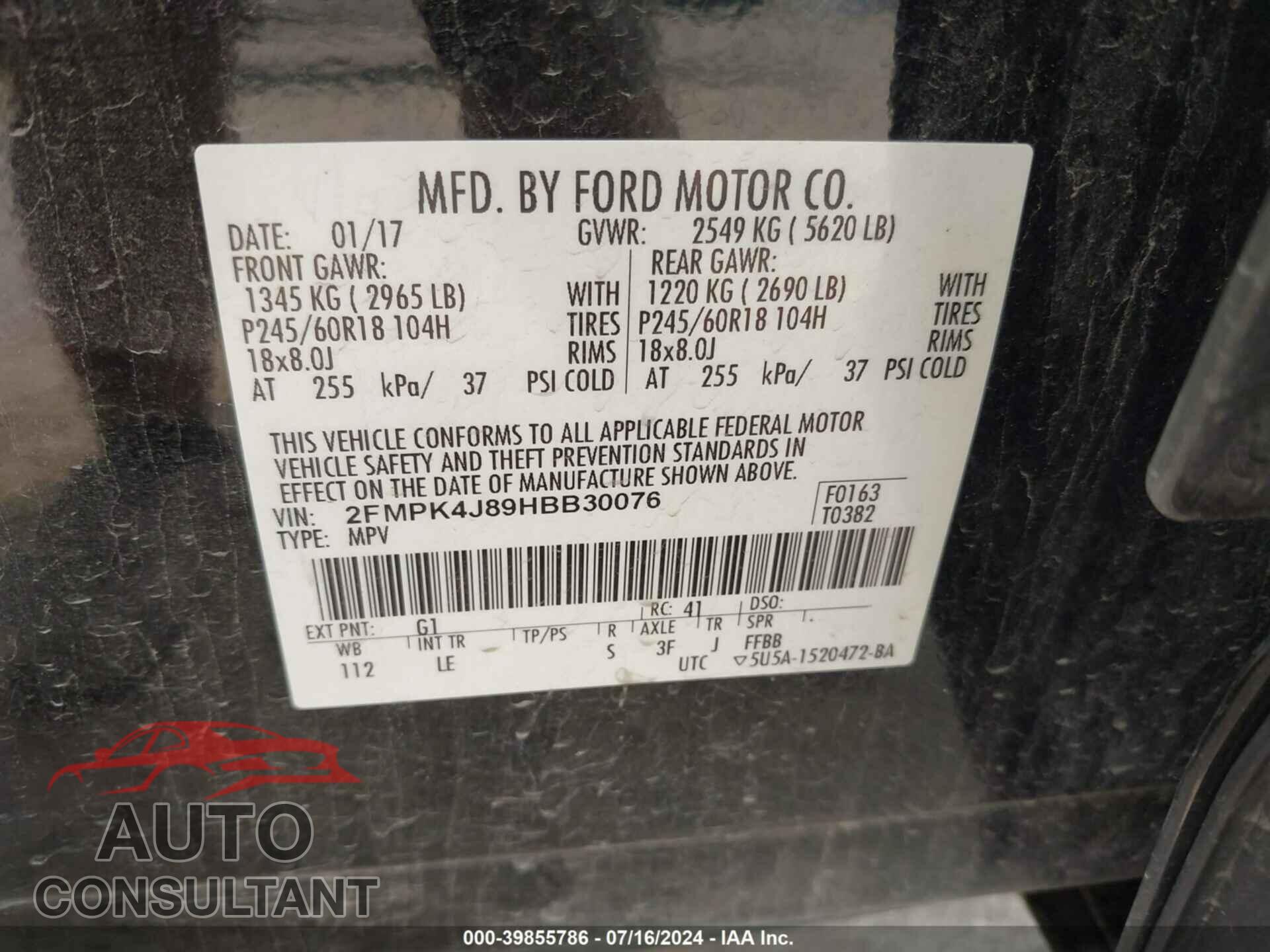 FORD EDGE 2017 - 2FMPK4J89HBB30076