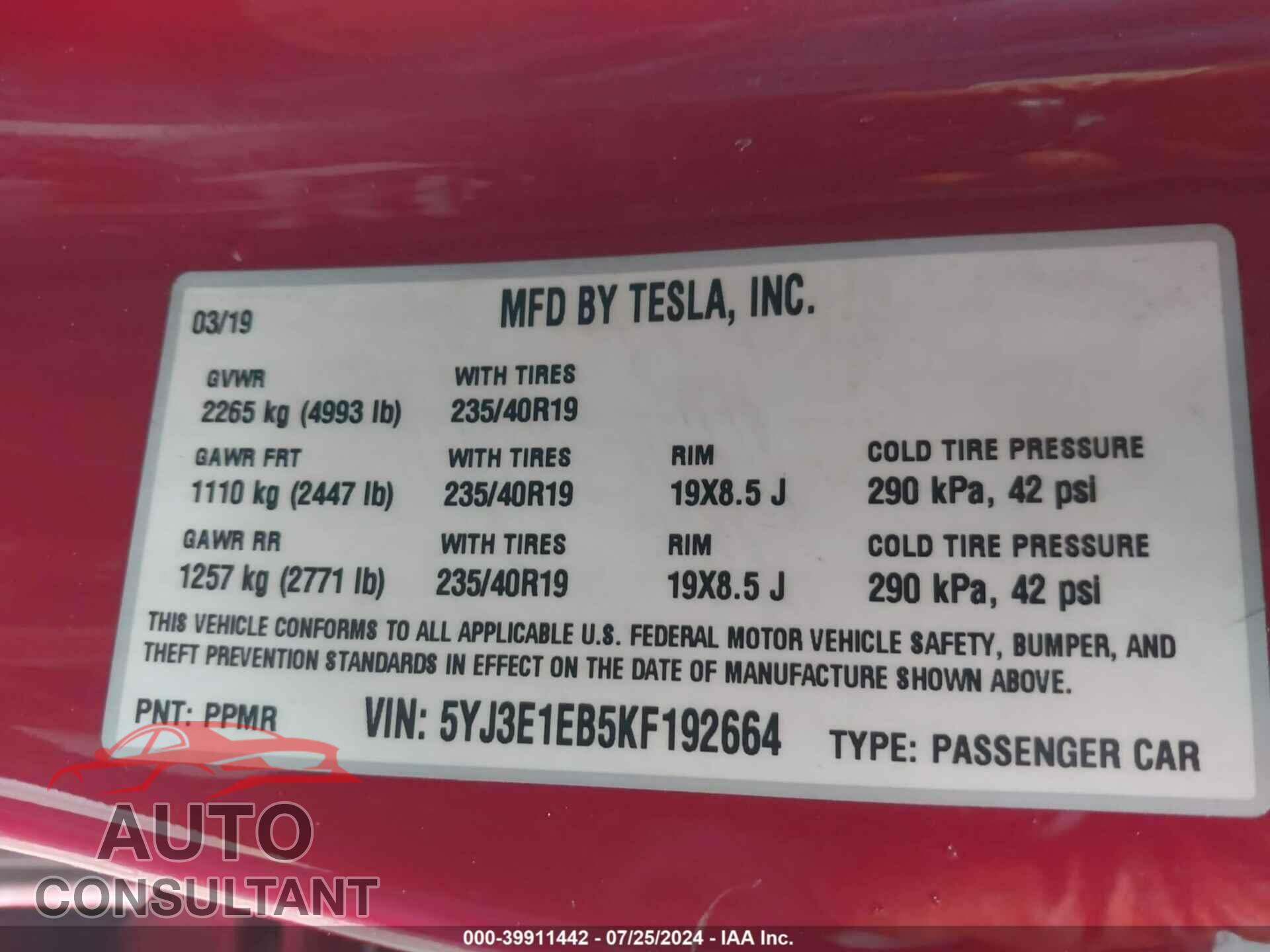 TESLA MODEL 3 2019 - 5YJ3E1EB5KF192664