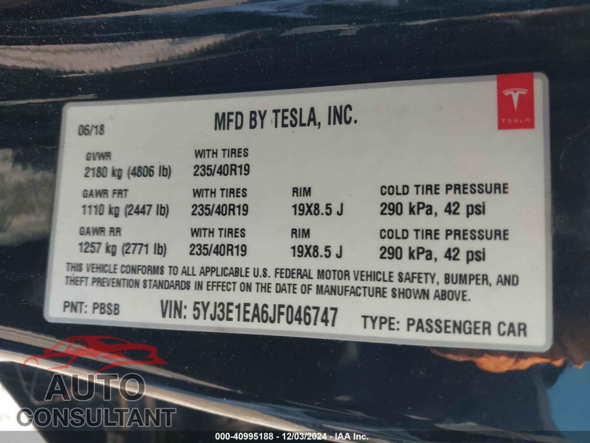 TESLA MODEL 3 2018 - 5YJ3E1EA6JF046747
