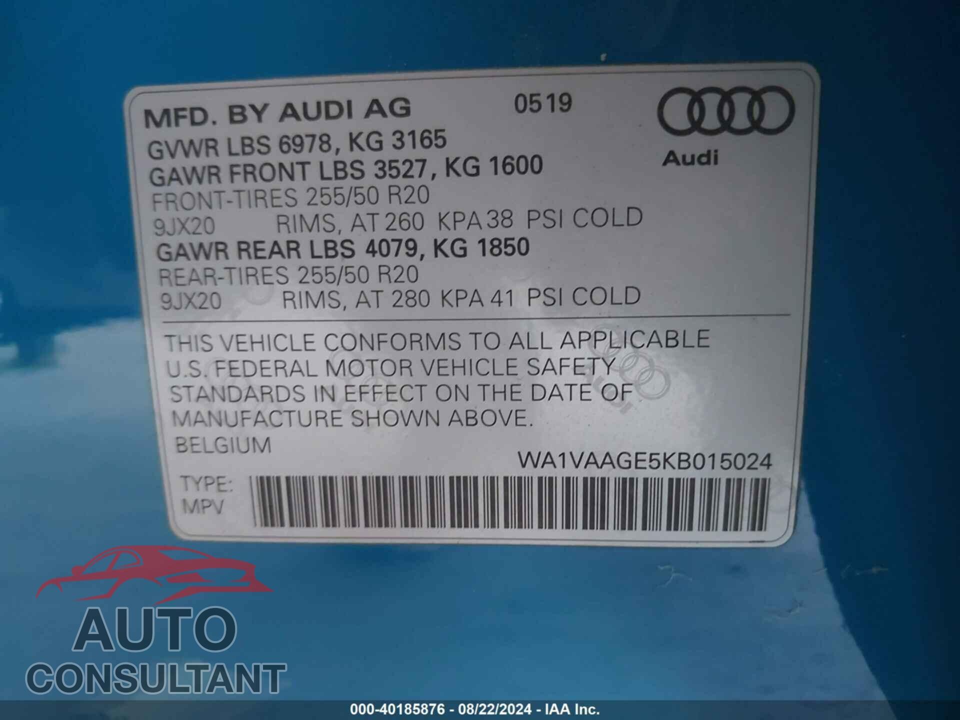 AUDI E-TRON 2019 - WA1VAAGE5KB015024