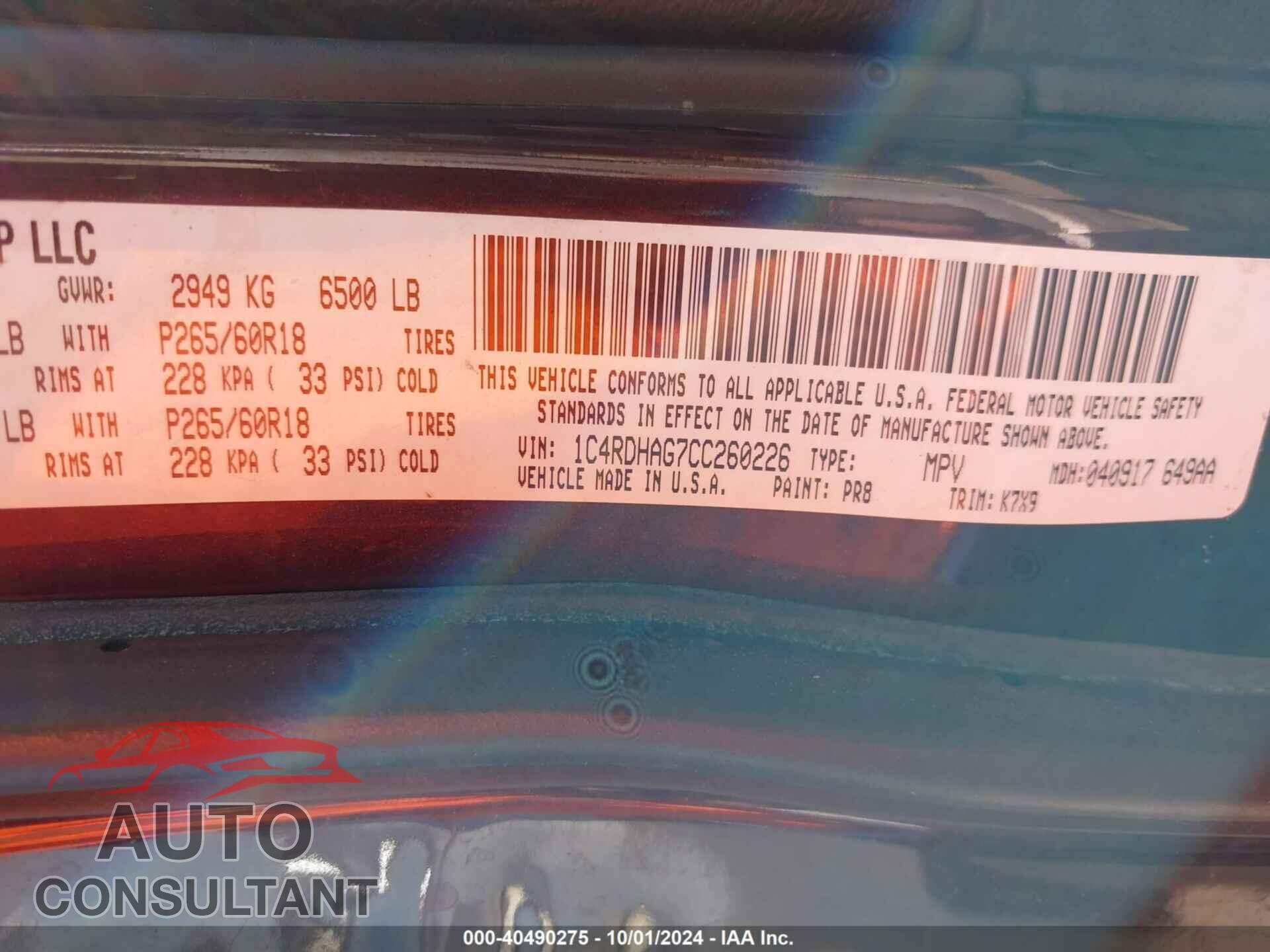 DODGE DURANGO 2012 - 1C4RDHAG7CC260226