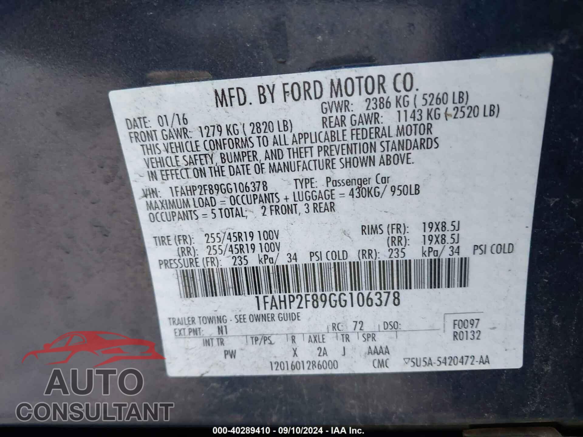 FORD TAURUS 2016 - 1FAHP2F89GG106378