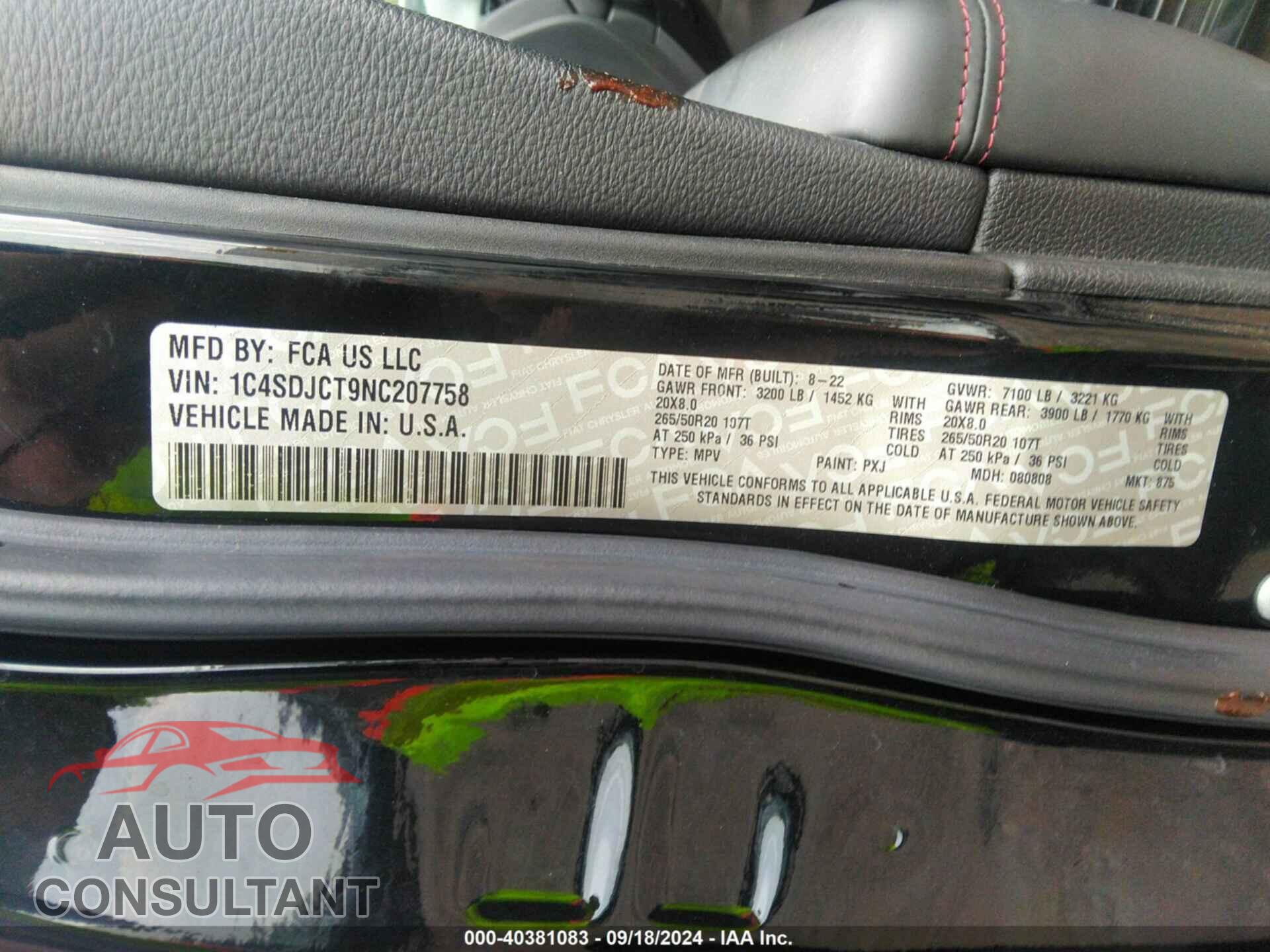 DODGE DURANGO 2022 - 1C4SDJCT9NC207758