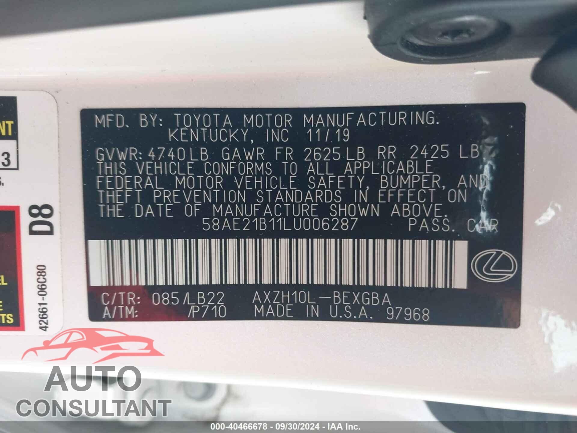 LEXUS ES 300H 2020 - 58AE21B11LU006287
