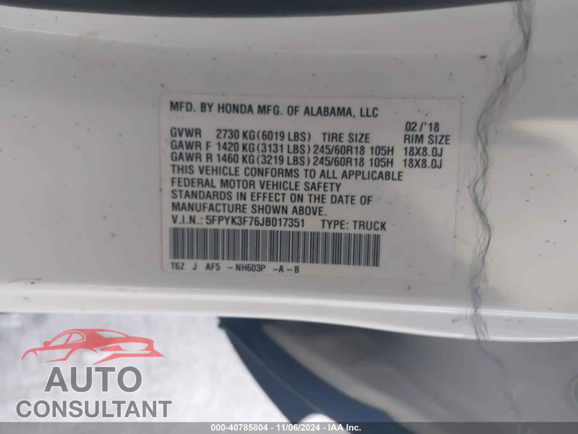 HONDA RIDGELINE 2018 - 5FPYK3F76JB017351