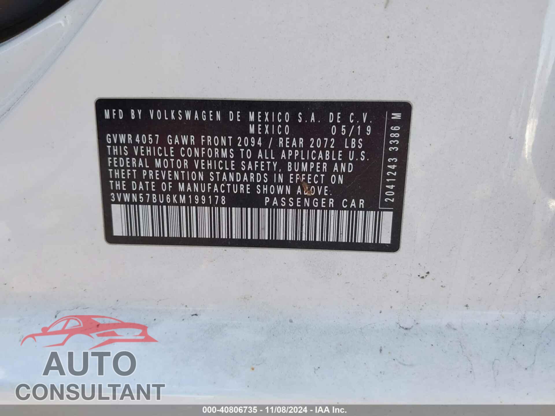 VOLKSWAGEN JETTA 2019 - 3VWN57BU6KM199178