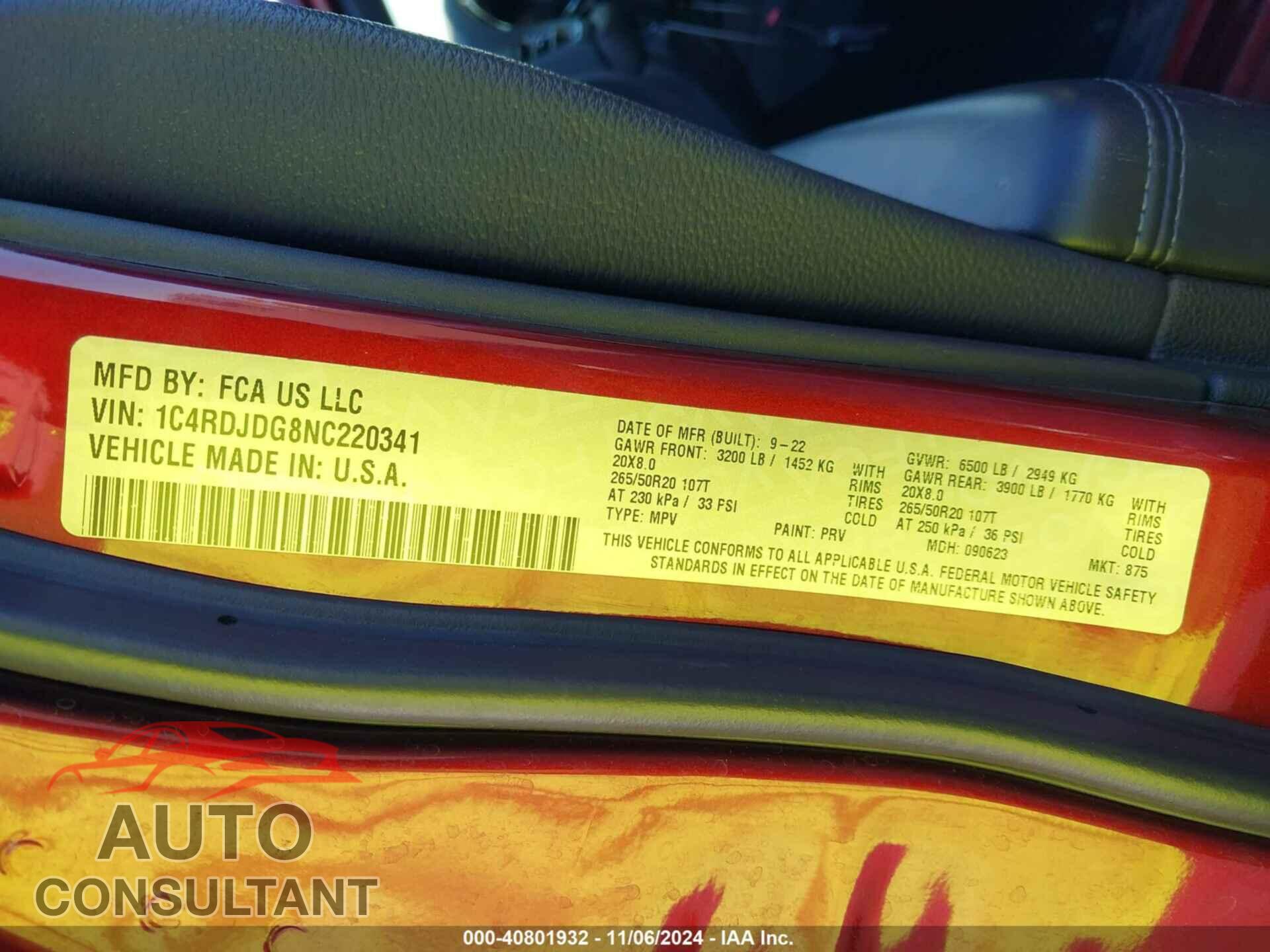 DODGE DURANGO 2022 - 1C4RDJDG8NC220341