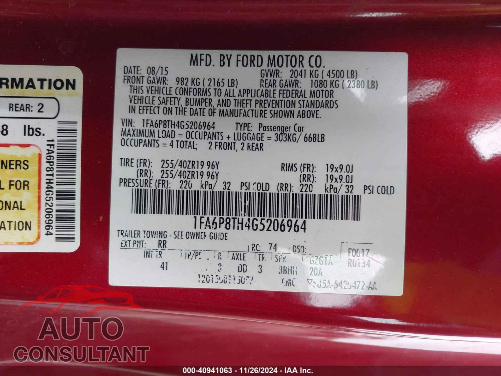 FORD MUSTANG 2016 - 1FA6P8TH4G5206964