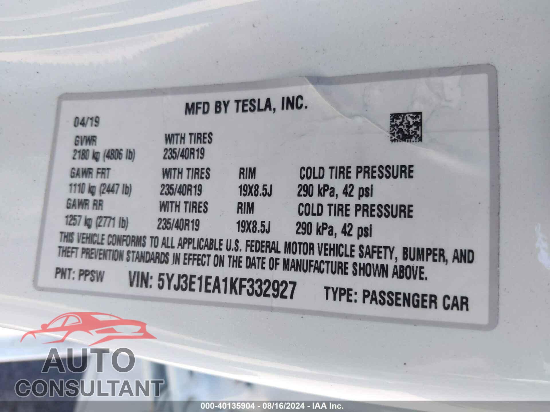 TESLA MODEL 3 2019 - 5YJ3E1EA1KF332927