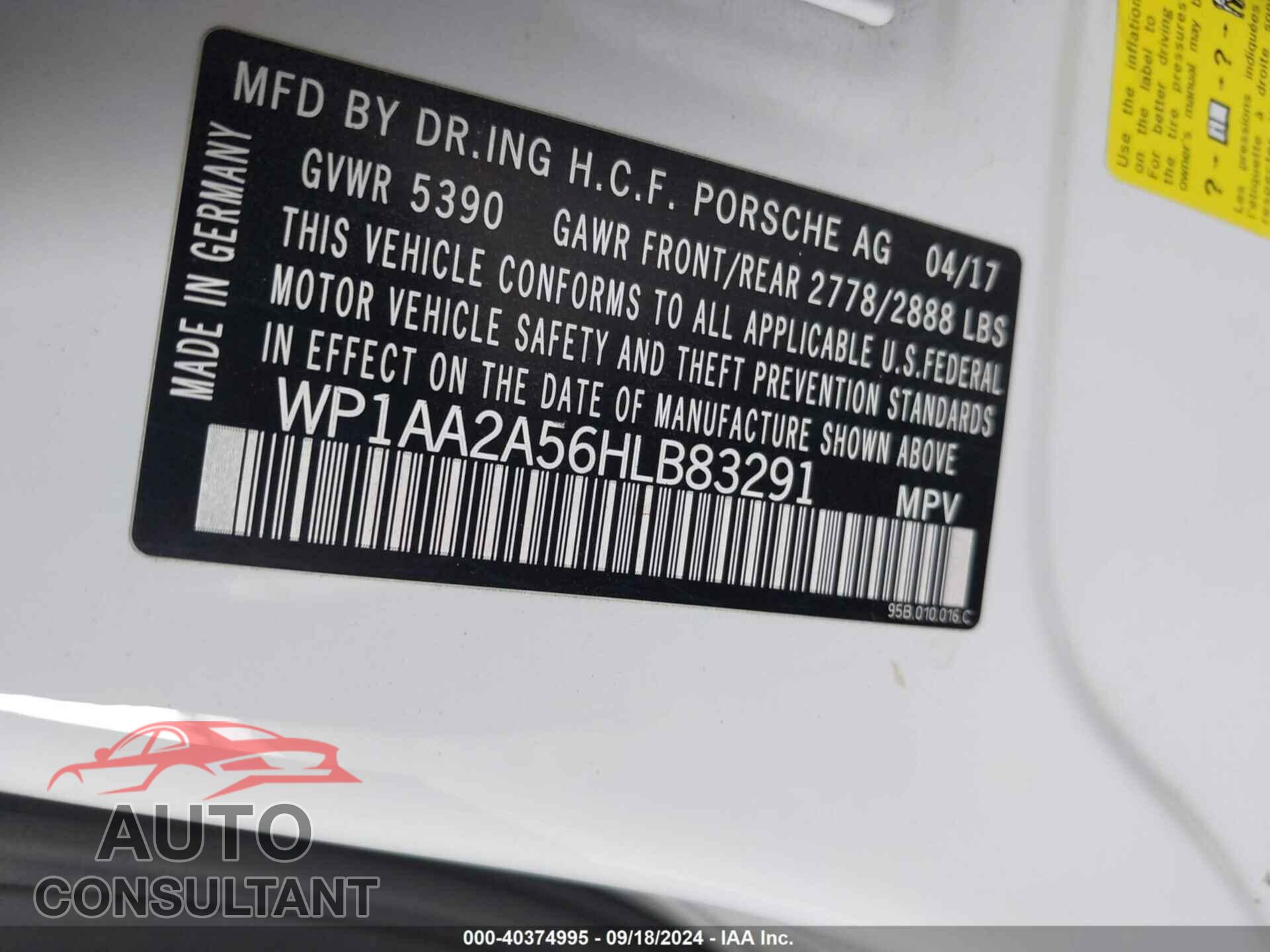 PORSCHE MACAN 2017 - WP1AA2A56HLB83291