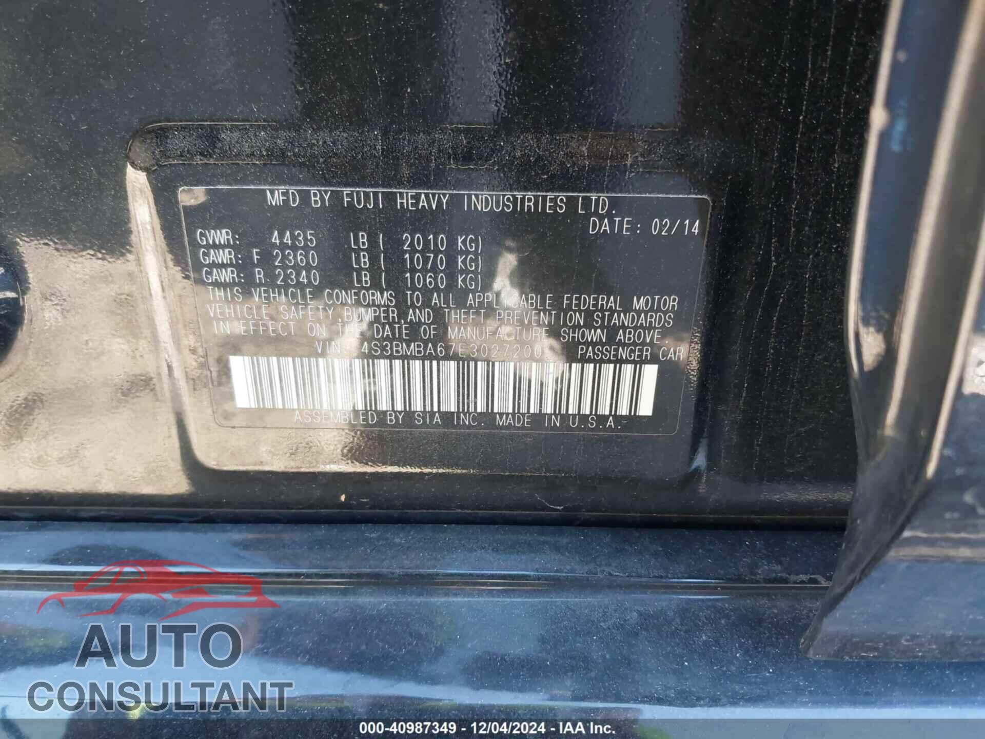 SUBARU LEGACY 2014 - 4S3BMBA67E3027200