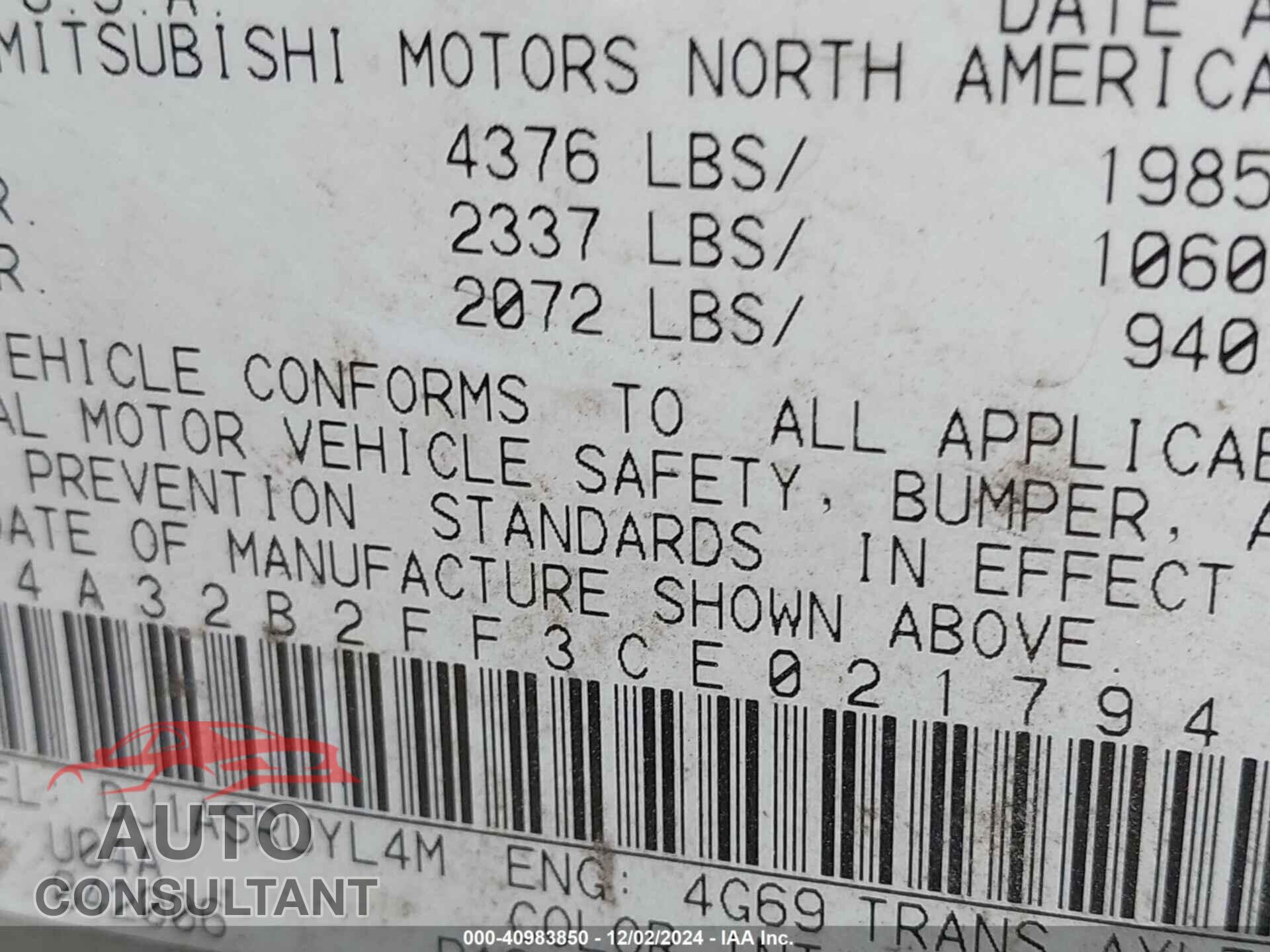 MITSUBISHI GALANT 2012 - 4A32B2FF3CE021794