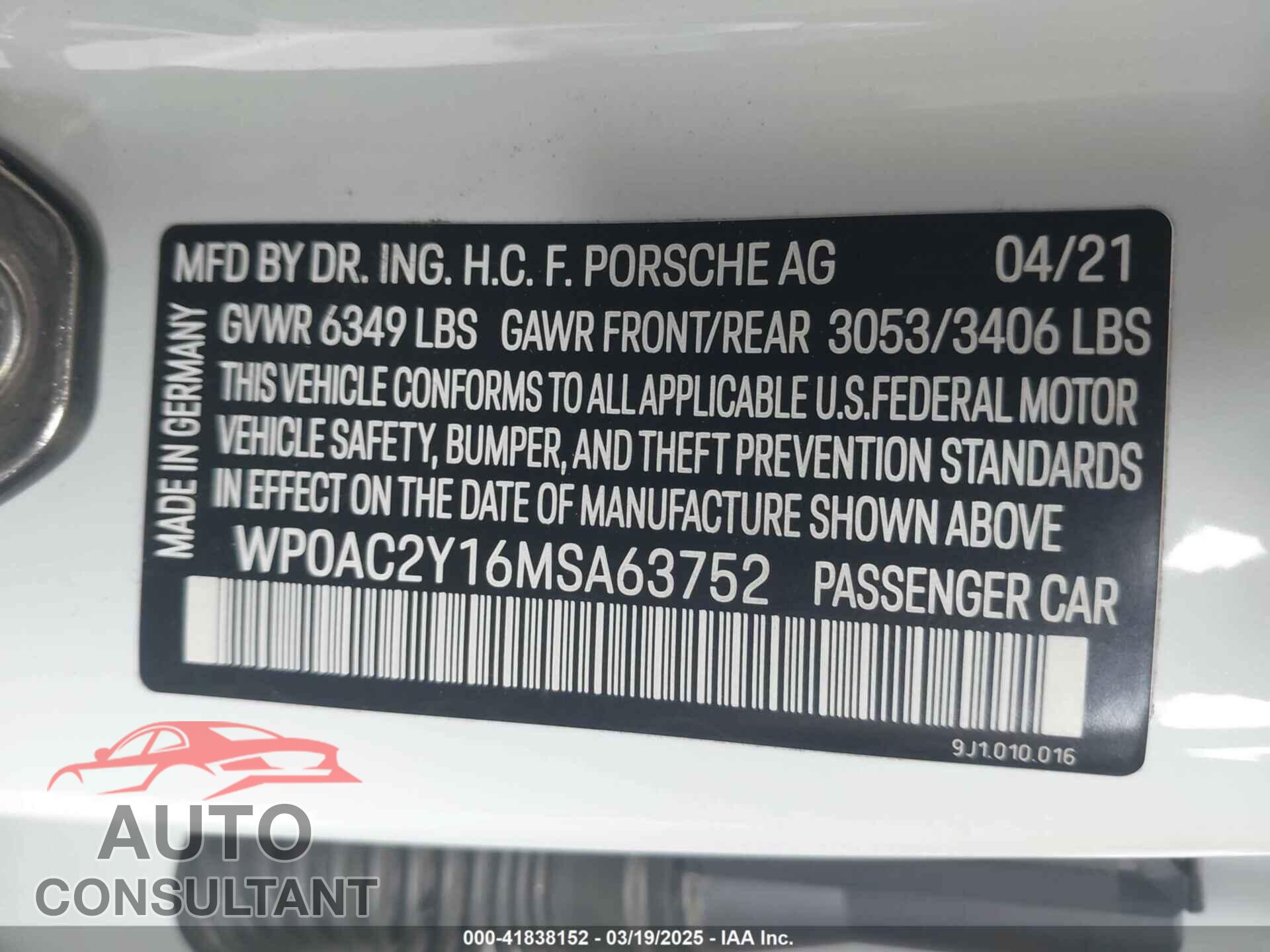 PORSCHE TAYCAN 2021 - WP0AC2Y16MSA63752