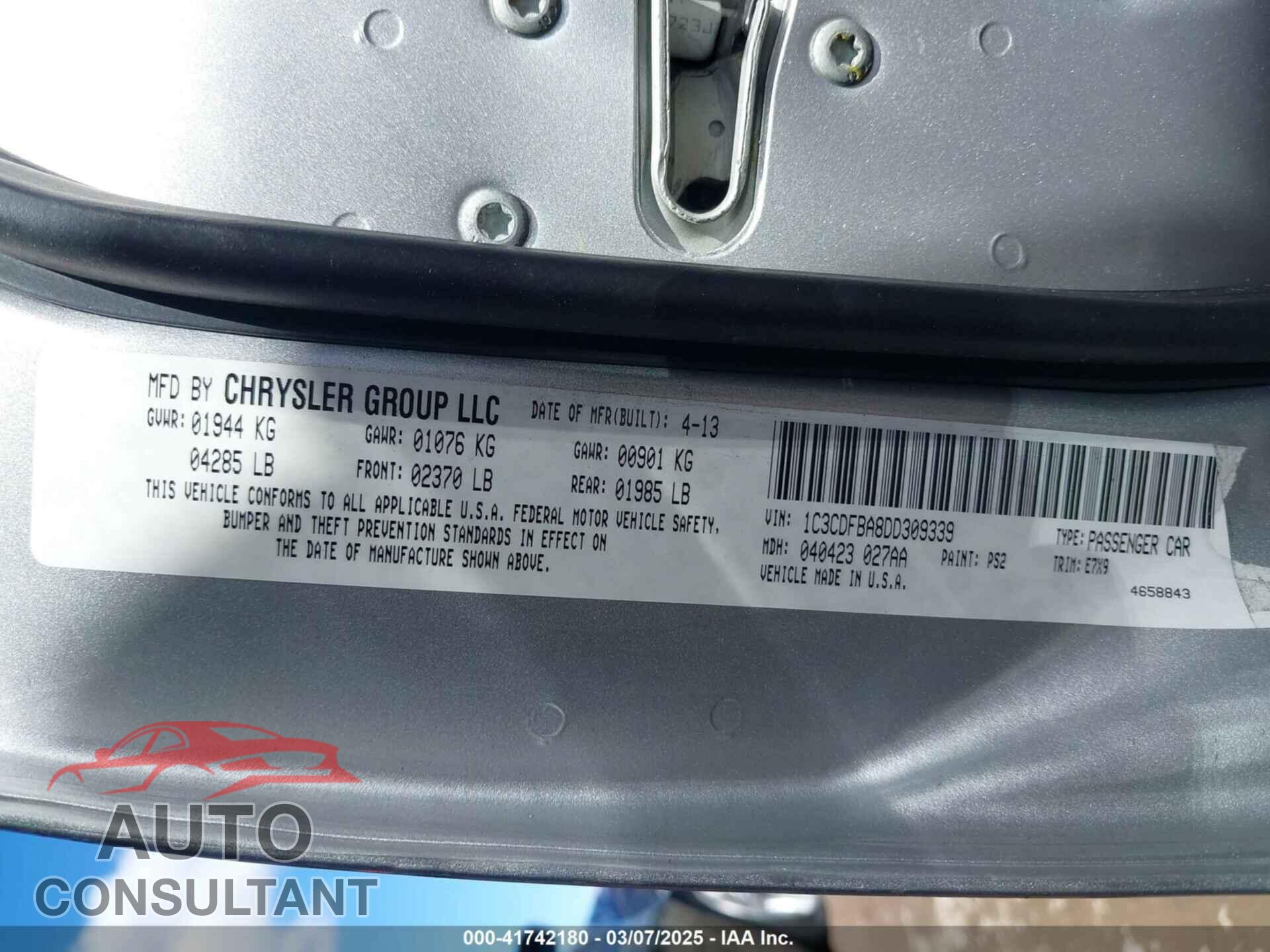 DODGE DART 2013 - 1C3CDFBA8DD309339