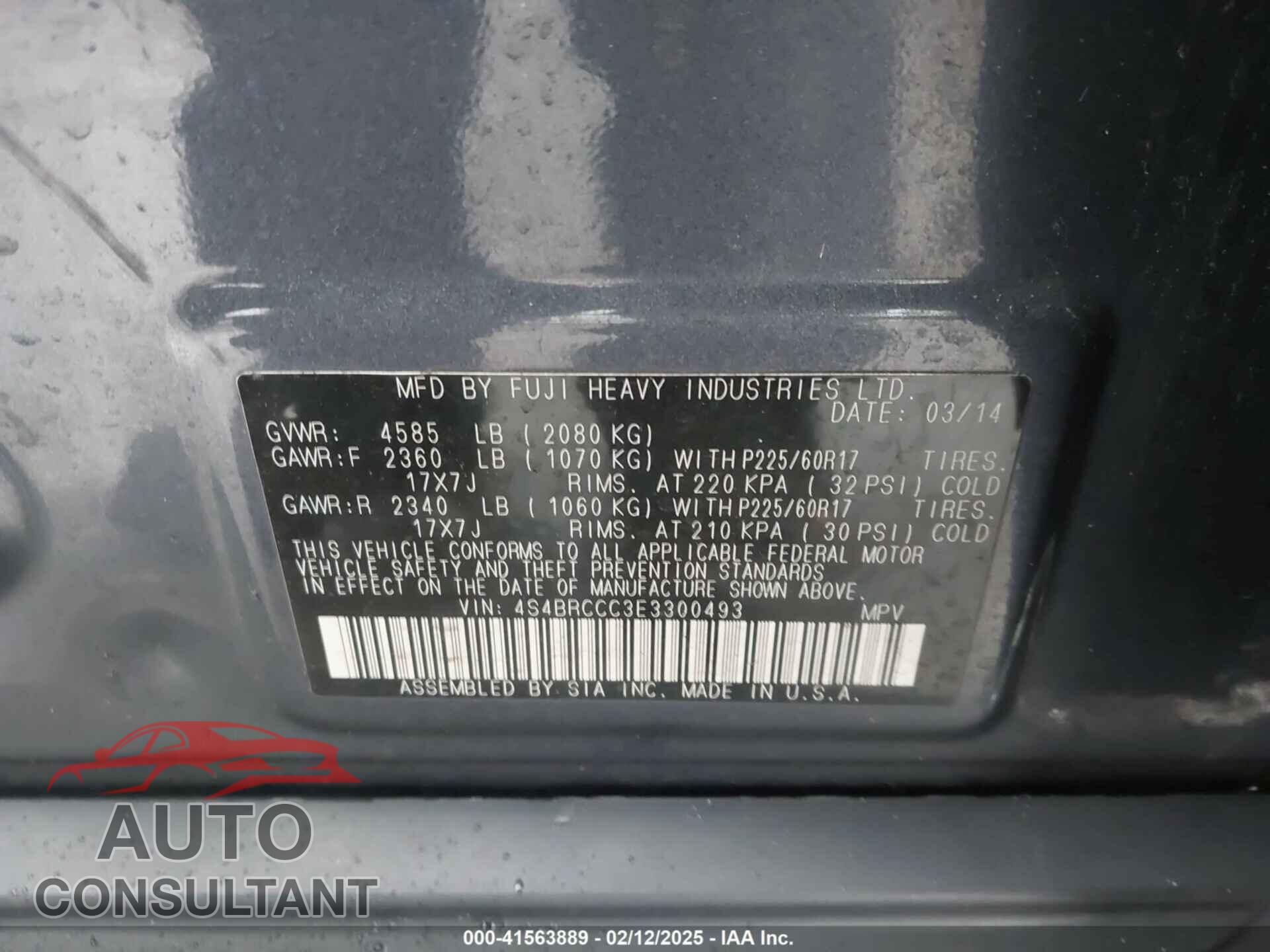 SUBARU OUTBACK 2014 - 4S4BRCCC3E3300493