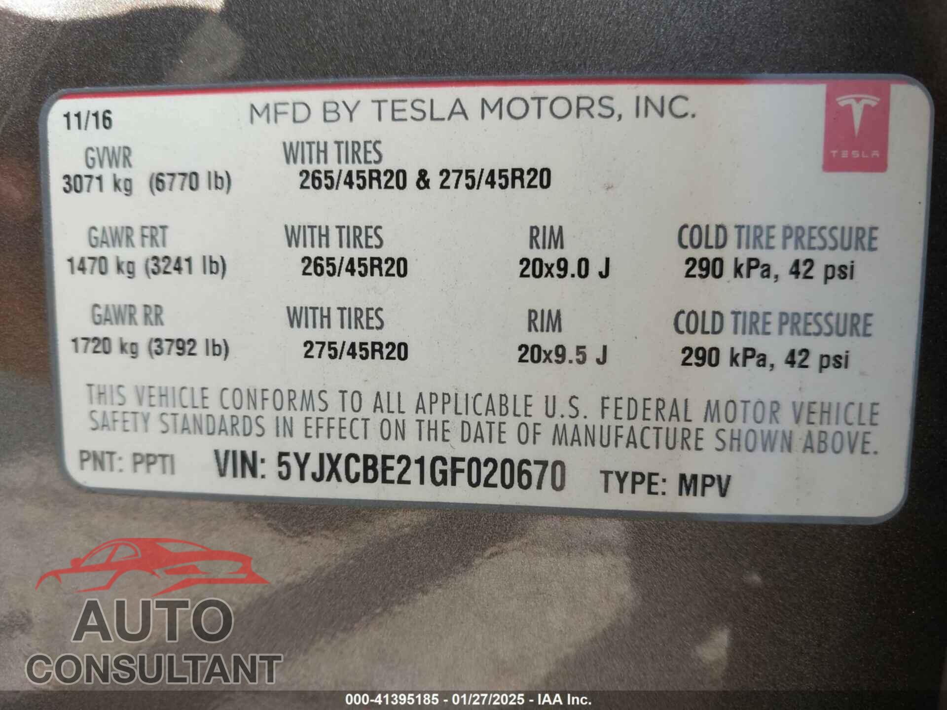 TESLA MODEL X 2016 - 5YJXCBE21GF020670