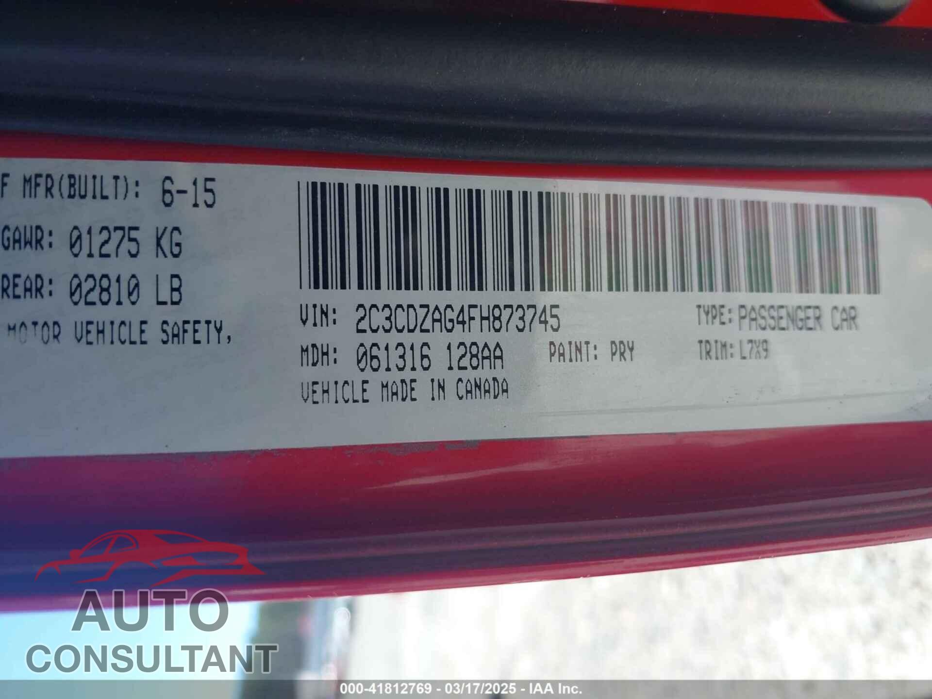 DODGE CHALLENGER 2015 - 2C3CDZAG4FH873745
