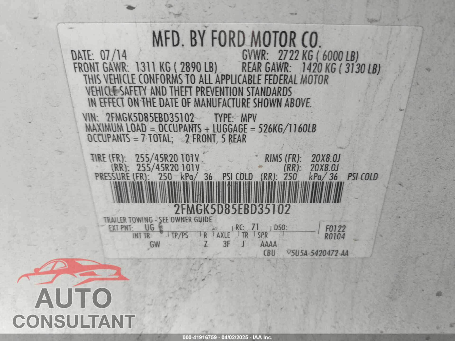 FORD FLEX 2014 - 2FMGK5D85EBD35102