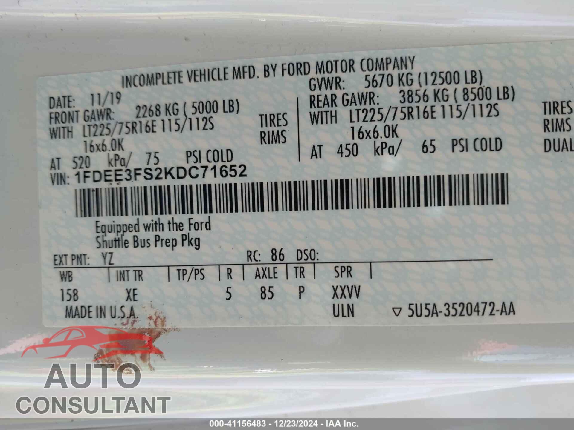FORD E-350 CUTAWAY 2019 - 1FDEE3FS2KDC71652