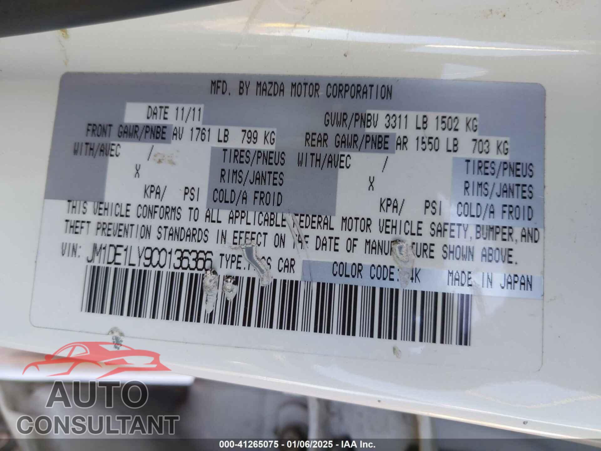 MAZDA MAZDA2 2012 - JM1DE1LY9C0136366
