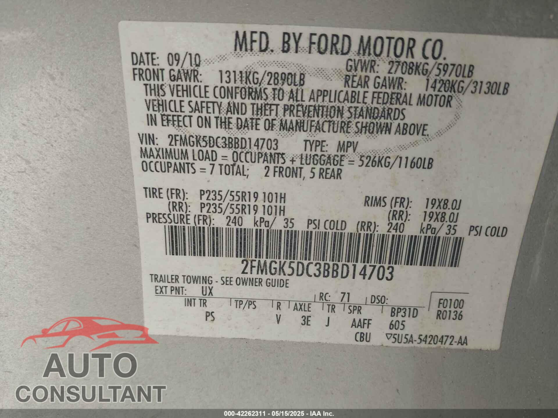 FORD FLEX 2011 - 2FMGK5DC3BBD14703